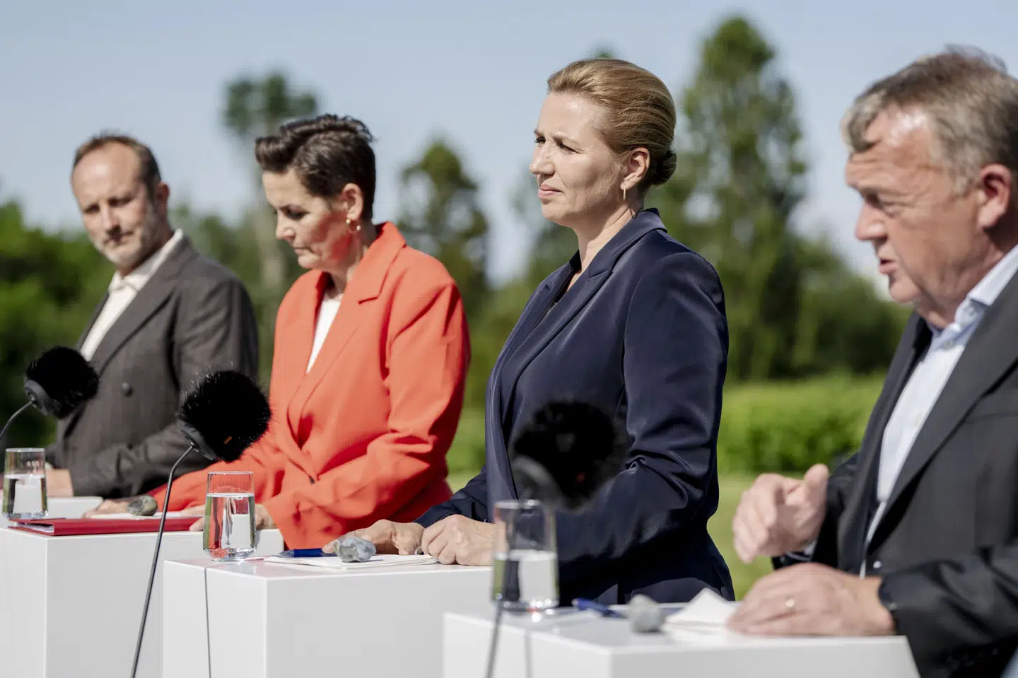 Mette Frederiksen (S), Pia Olsen Dyhr (SF), Lars Løkke Rasmussen (M) og Martin Lidegaard (RV) præsenterede regeringsgrundlaget den 2. juni. Her blev det slået fast, at store bededag vender retur som helligdag. (Arkivfoto).