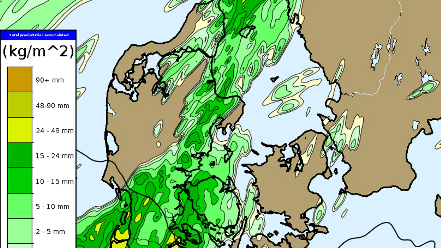 Her ses en grafik, der viser den seneste prognoses bud på den totale nedbørsmængde frem til lørdag aften.