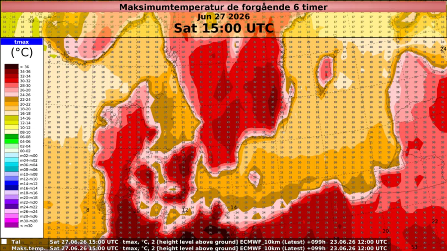 Her kan du se en prognoses bud på den højeste temperatur på lørdag.