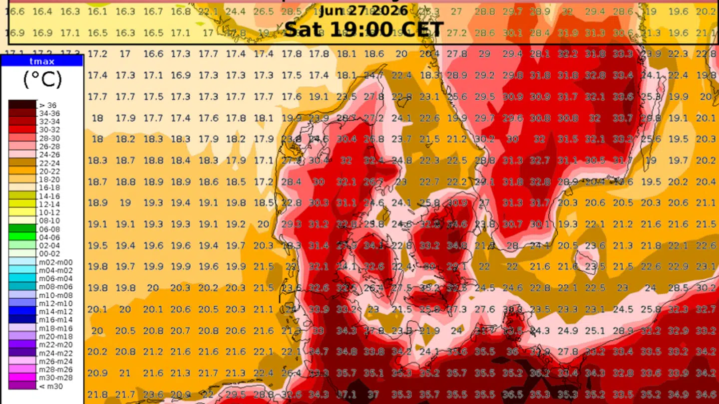 Her ses en prognoses bud på de varmeste temperaturer på lørdag.