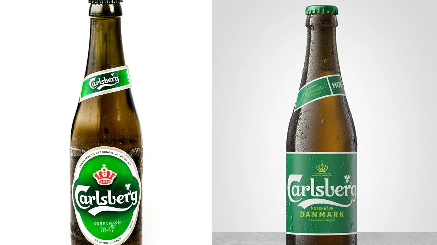 Kaldenavnet HOF kommer til at stå på den nye halsetiket på alle Carlsberg-pilsnerflasker, hvor det også stod i gamle dage. Det er den nye flaske til højre. (Foto: PR-foto/Scanpix)