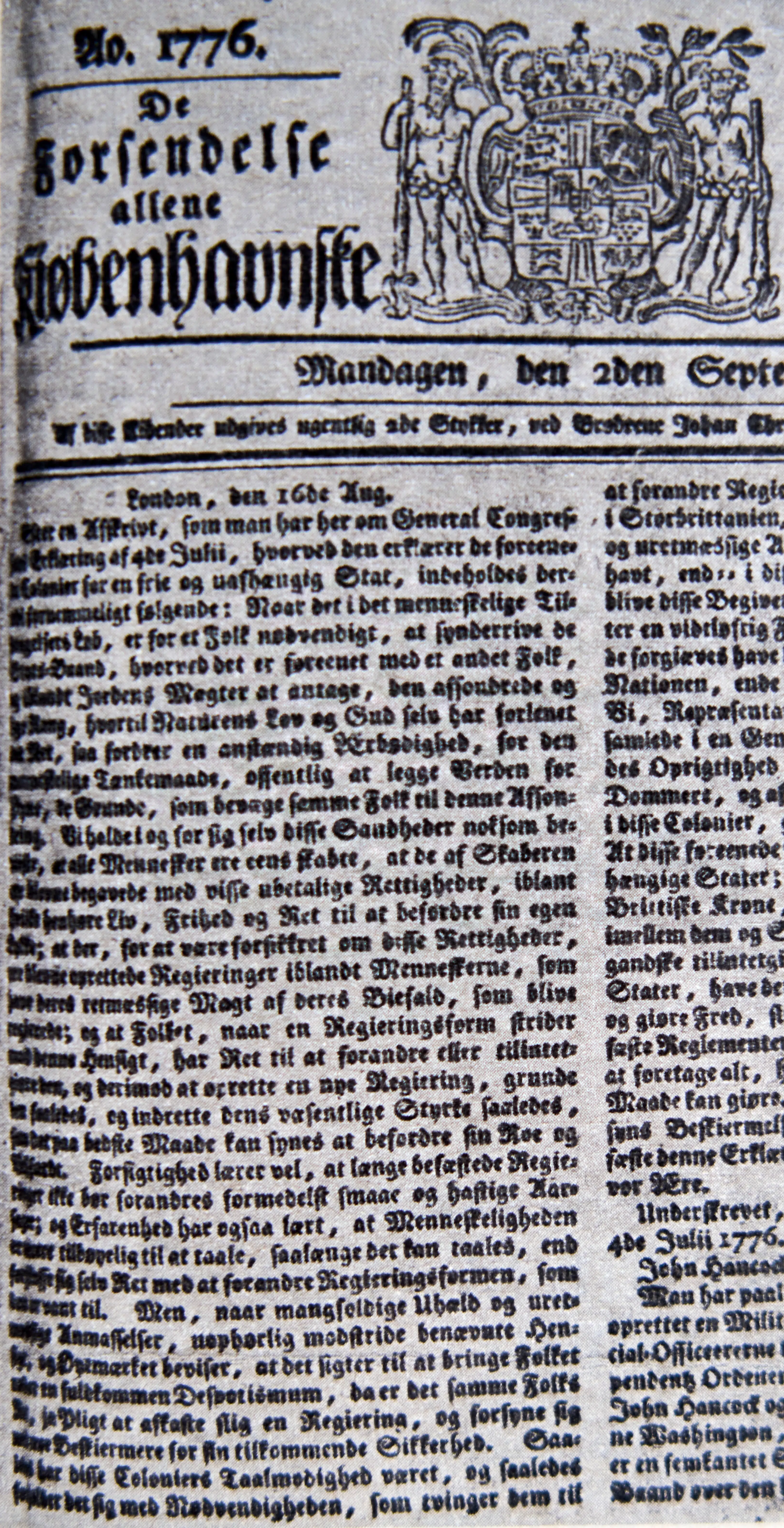 Med to måneders forsinkelse satte Berlingske i 1776 de markante ord på forsiden