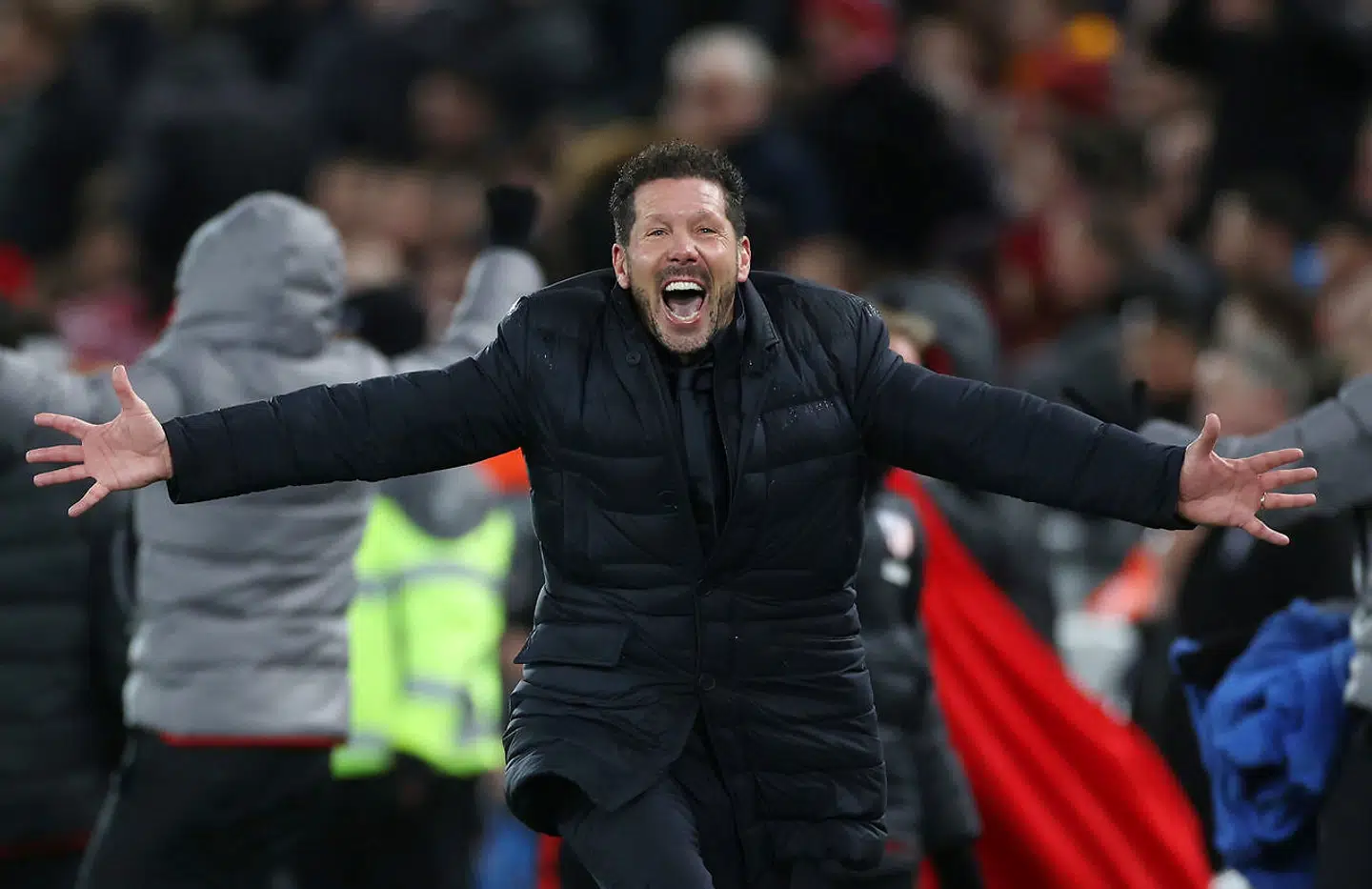 Soccer Football - Champions League - Round of 16 Second Leg - Liverpool v Atletico Madrid - Anfield, Liverpool, Britain - March 11, 2020 Atletico Madrid coach Diego Simeone celebrates their second goal Action Images via Reuters/Carl Recine