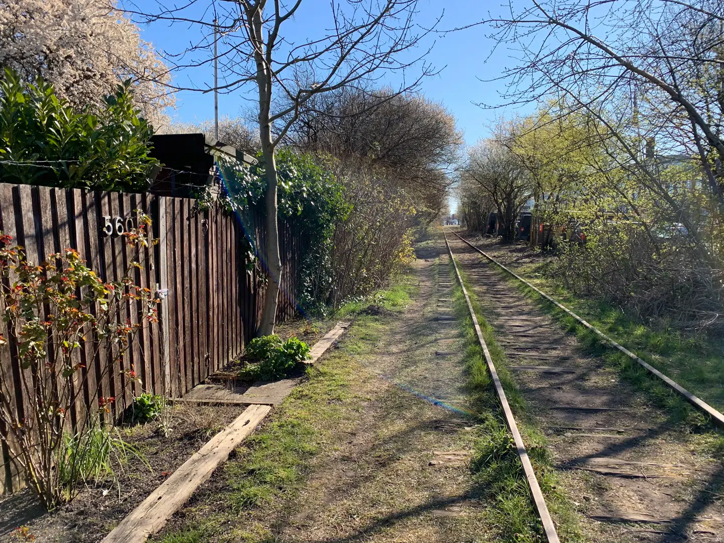 En af havelodderne helt tæt opad skinnerne fra den gamle Amagerbane.