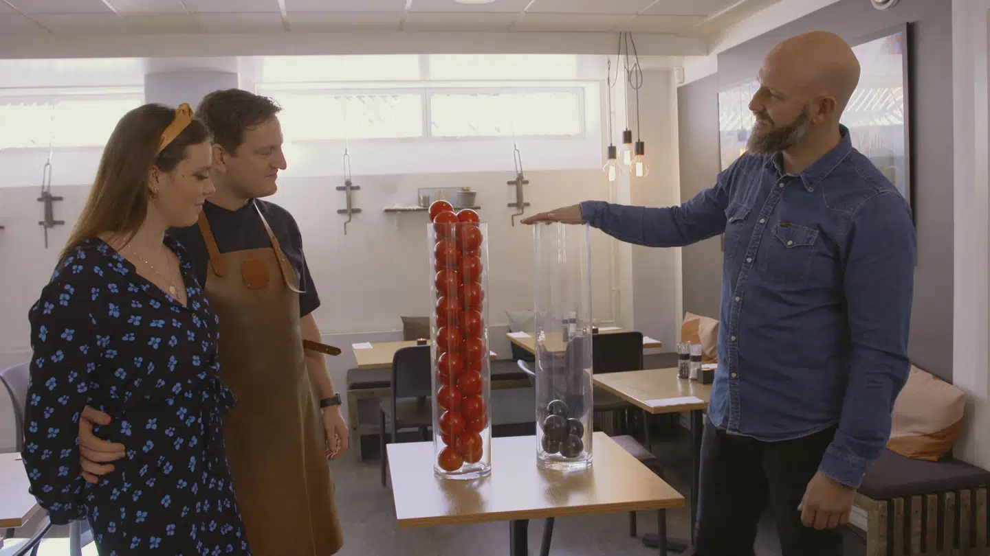 Thomas Castberg bad dagens gæster om at lægge en rød bold, hvis de besøgte Caféen med et deal-tilbud, og en sort, hvis de betalte fuld pris. Efterfølgende var det tydeligt for enhver, at Caféens indtægter kommer fra deals - og at det ikke er en god forretning.