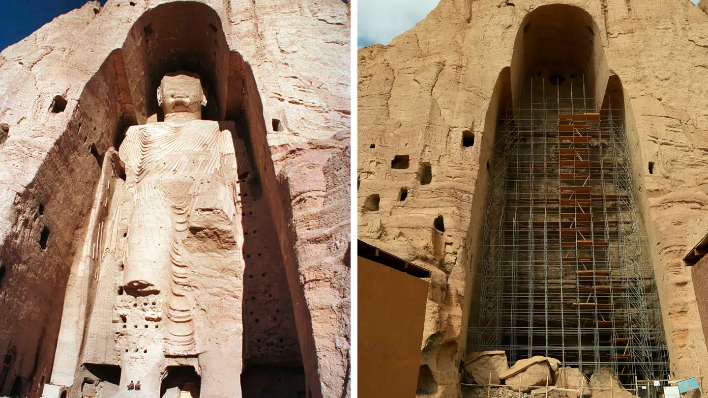 Billede af en af de berømte Buddha-statuer i Bamiyan i Afghanistan. Det første er taget i 1997. Det andet i 2019, efter at Taliban har ødelagt statuerne.