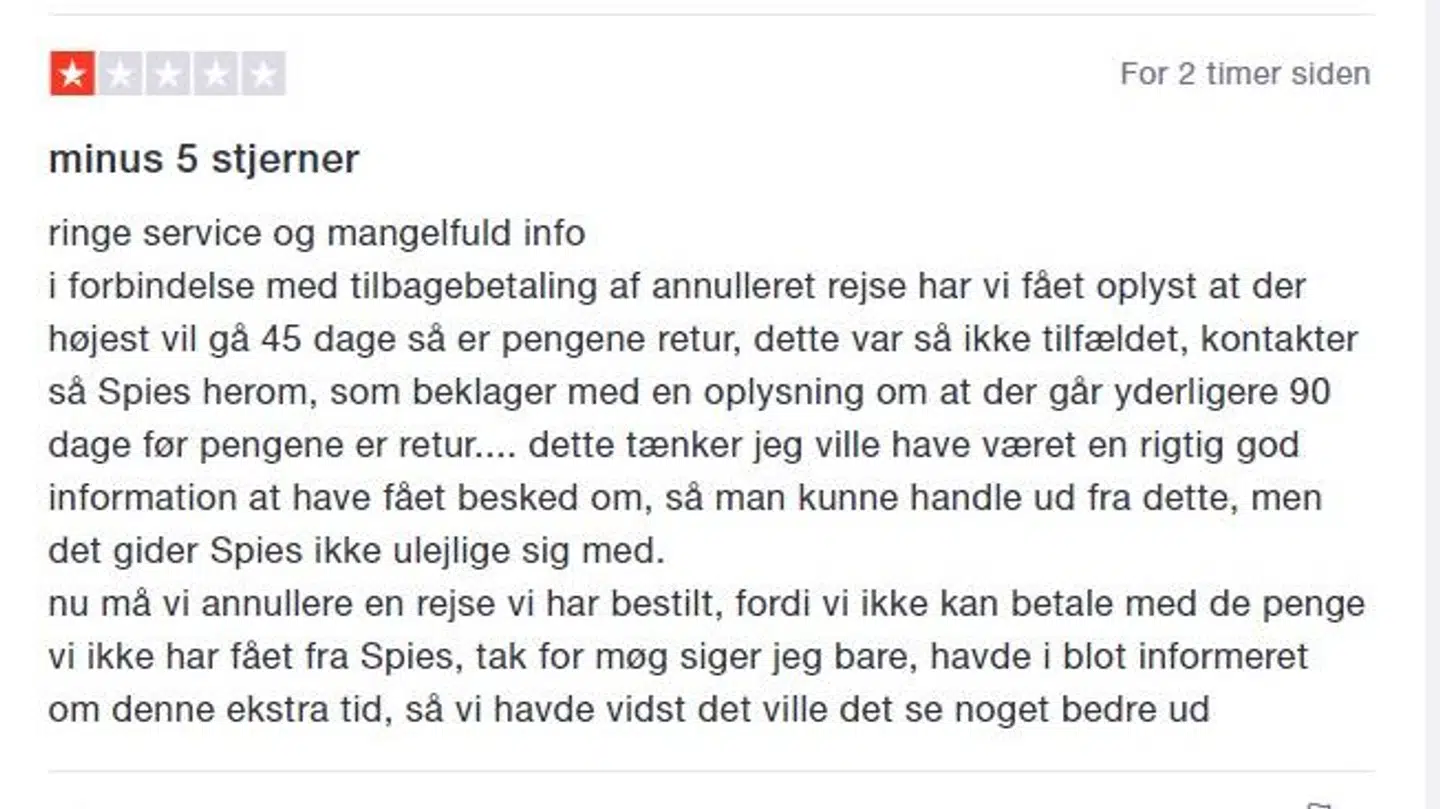 Mange er utilfredse med Spies på Trustpilot. Foto: Trustpilot.