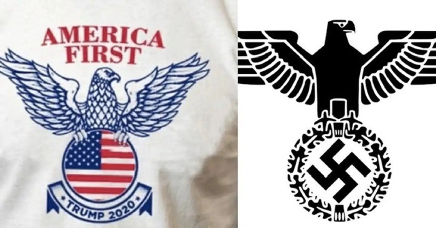 Til højre Donald Trump-kampagnens nye logo. Til højre den berygtede Nazi-ørn.