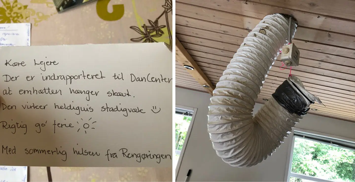 Sådan så det ud i loftet, hvor den skævt hængende emhætte skulle hænge.