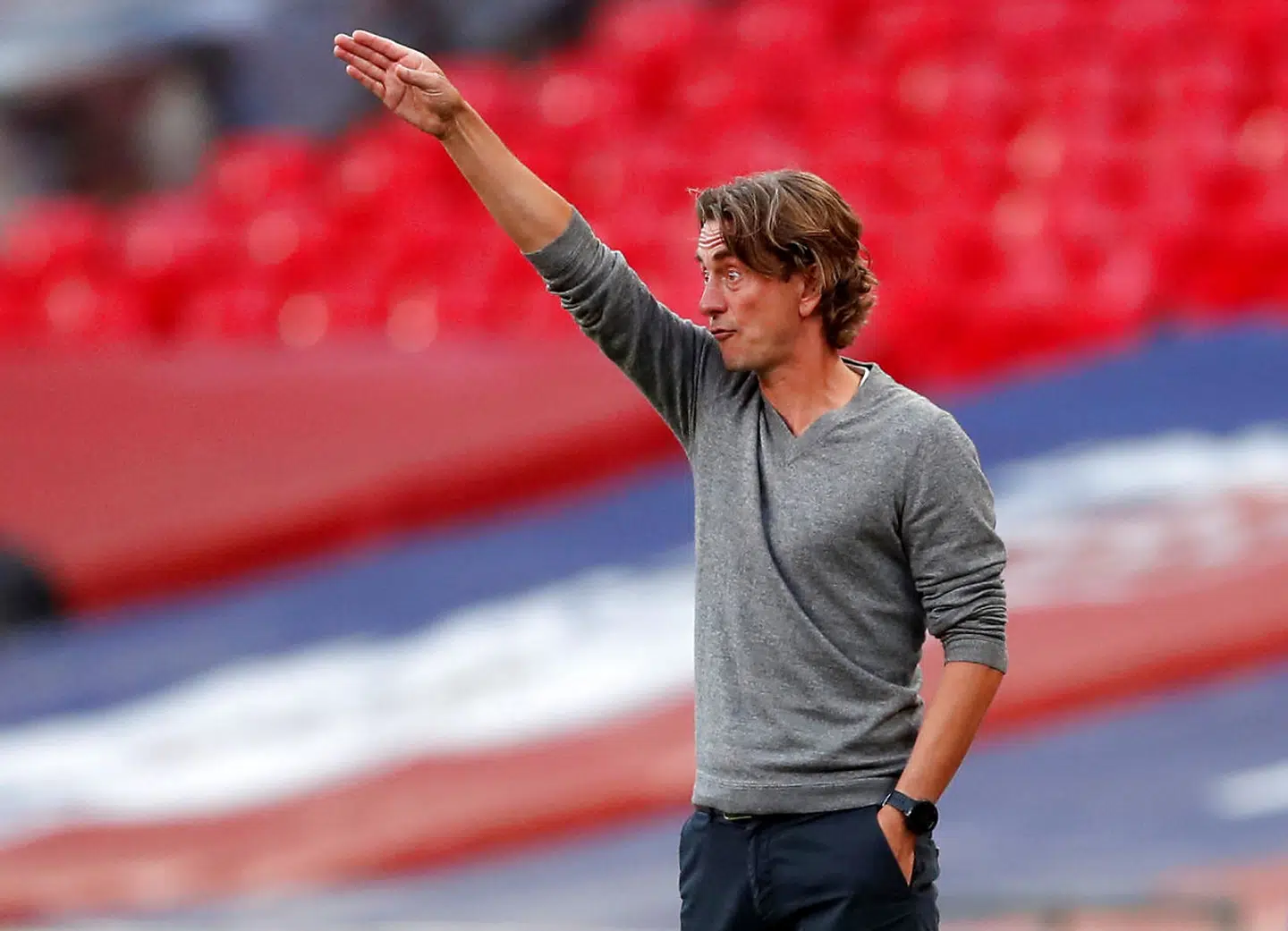 Thomas Frank gestikulerer under kampen, der blev spillet på et tomt Wembley-stadion. Brentfords danske træner kan midt i skuffelsen over den glippede oprykning glæde sig over, at han med en forrygende sæson i den ydmyge London-klub har slået sit navn fast på den internationale scene.