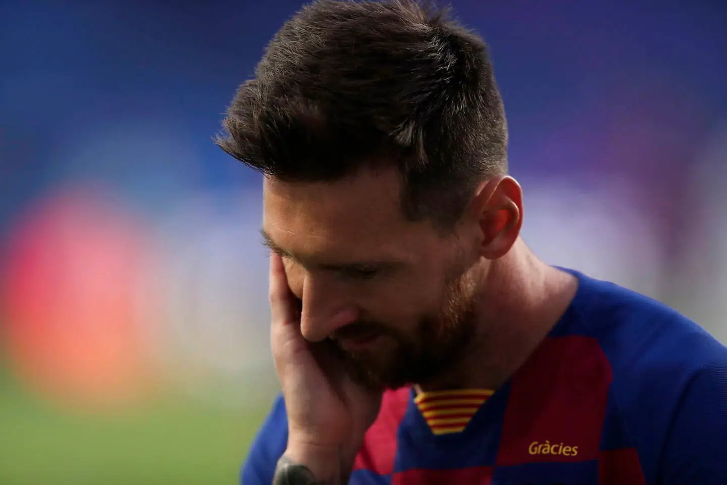 epa08604213 Lionel Messi of Barcelona reacts during the UEFA Champions League quarter final match between Barcelona and Bayern Munich in Lisbon, Portugal, 14 August 2020. EPA/Manu Fernandez / POOL