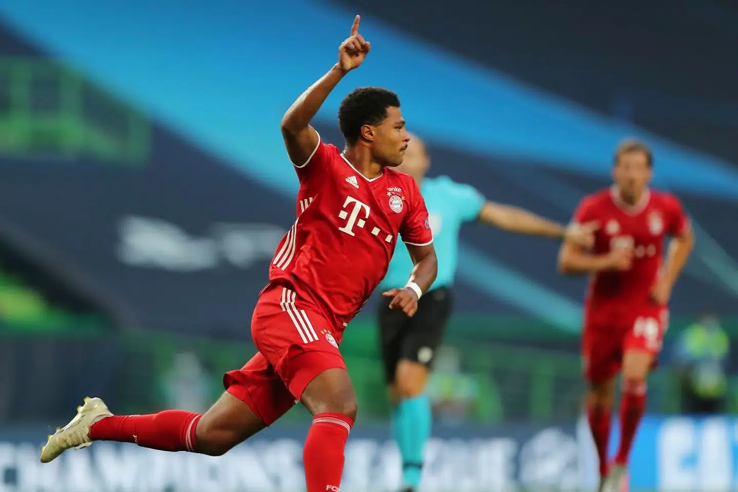 Bayern Munich's German midfielder Serge Gnabry celebrates after scoring a goal during the UEFA Champions League semi-final football match between Lyon and Bayern Munich at the Jose Alvalade stadium in Lisbon on August 19, 2020. (Photo by Miguel A. Lopes / POOL / AFP)