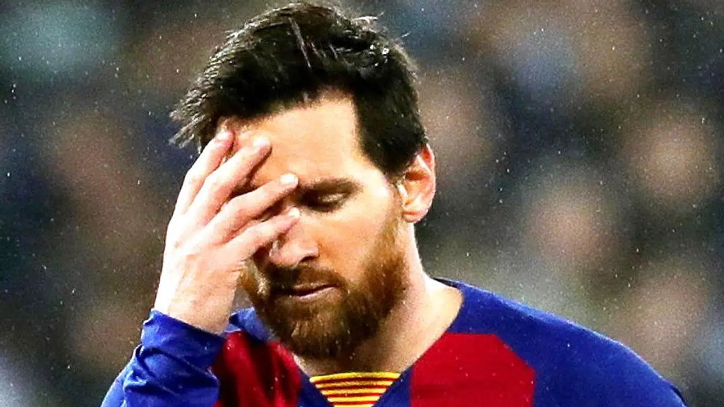 epa08625650 (FILE) - FC Barcelona's Lionel Messi reacts during the Spanish La Liga soccer match between Real Madrid and FC Barcelona, traditionally known as 'El Clasico', at Santiago Bernabeu stadium in Madrid, Spain, 01 March 2020, re-issued 25 August 2020. Messi has sent a certified letter to the club on 25 August communicating his intentions to leave the club. EPA/JUANJO MARTIN