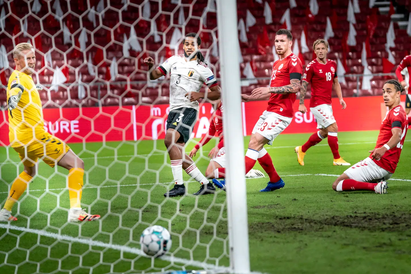 Belgiums Jason Denayer scores to 0-1 during the Nations League Group stage football match between Denmark and Belgium at Parken Stadium in Copenhagen, Denmark, September 5, 2020.