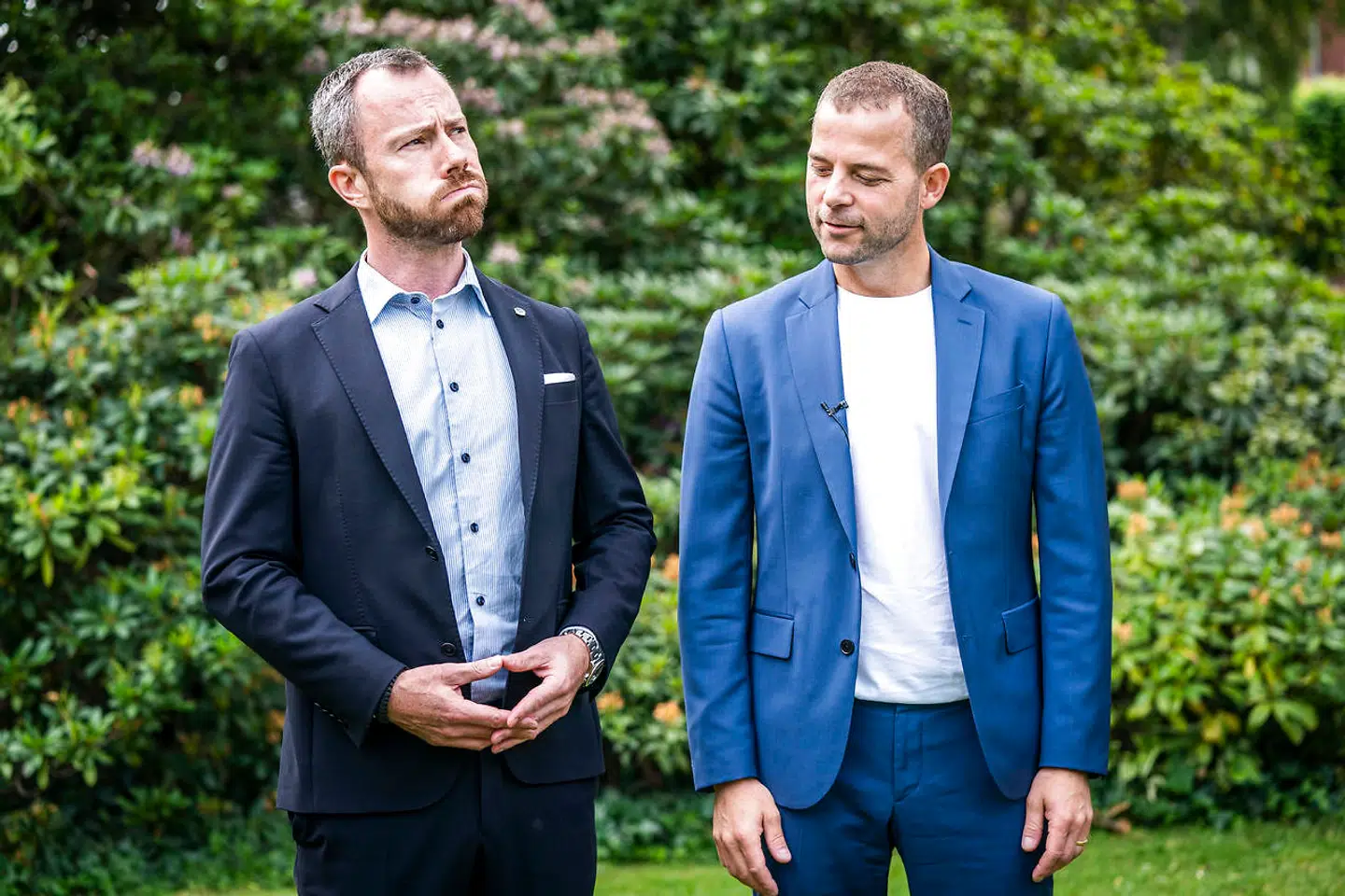 Venstres formand, Jakob Ellemann-Jensen, og De Radikales politiske leder, Morten Østergaard, til fælles pressemøde i juni om udspil til grøn skattereform. I dag lægger Jakob Ellemann-Jensen massivt afstand til de Radikales udlændingepolitik.