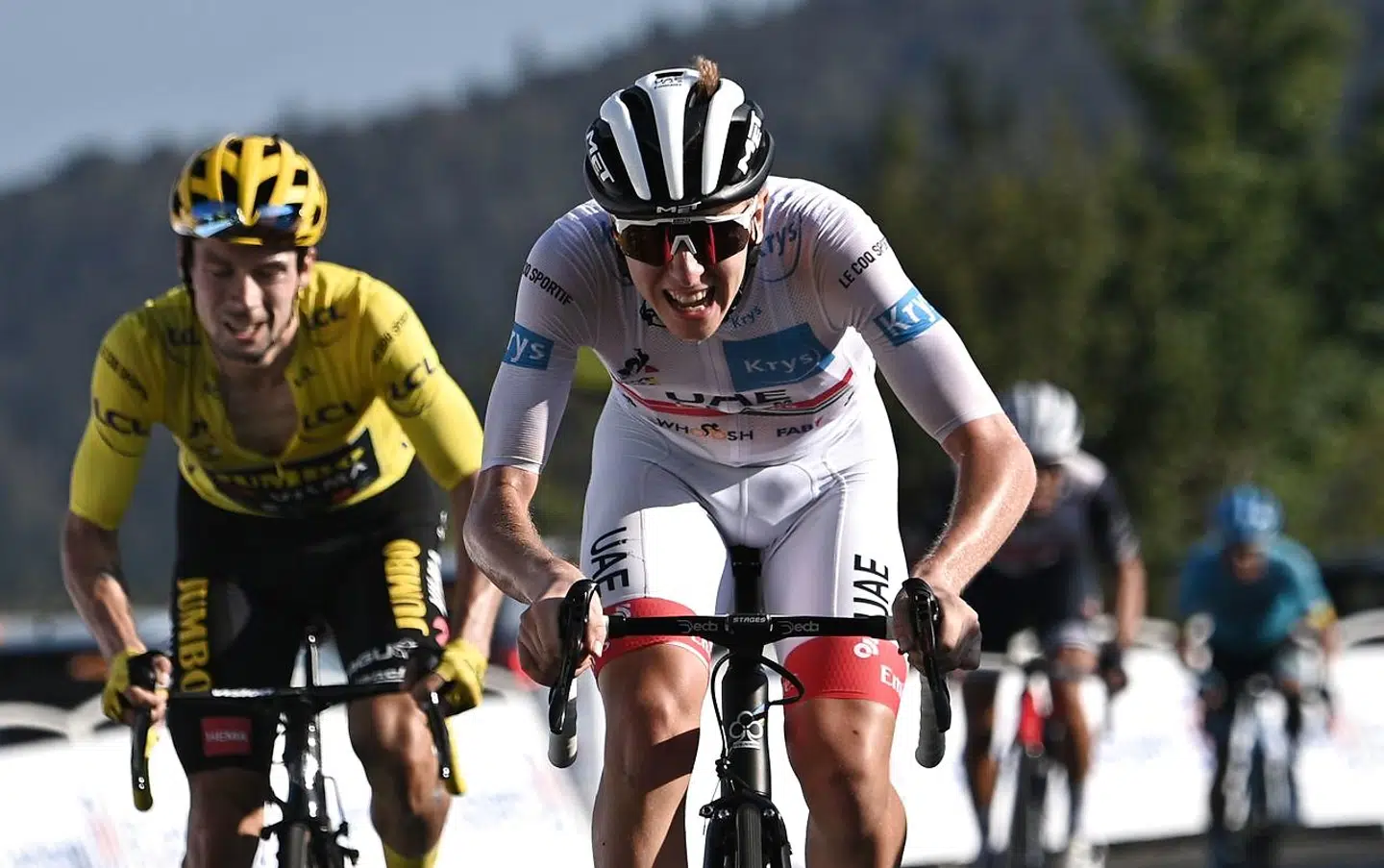 Slovenske Tadej Pogacar (højre) og Primoz Roglic må stå model til lidt af hvert.