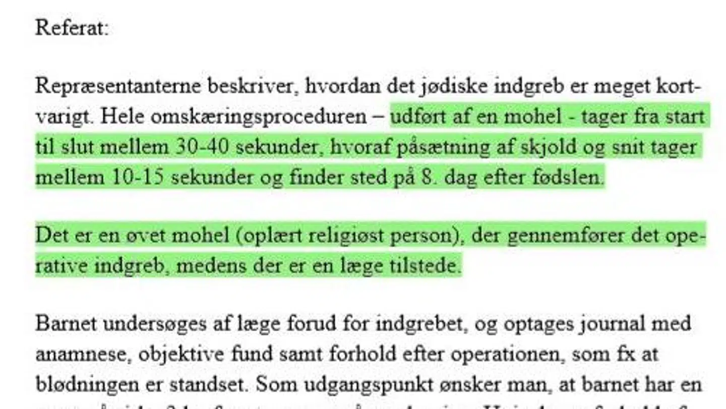 Her ses det, hvordan Det Jødiske Samfund i referatet argumenterer for, at en omskæring kun tager 10-15 sekunder. Foto: Privat