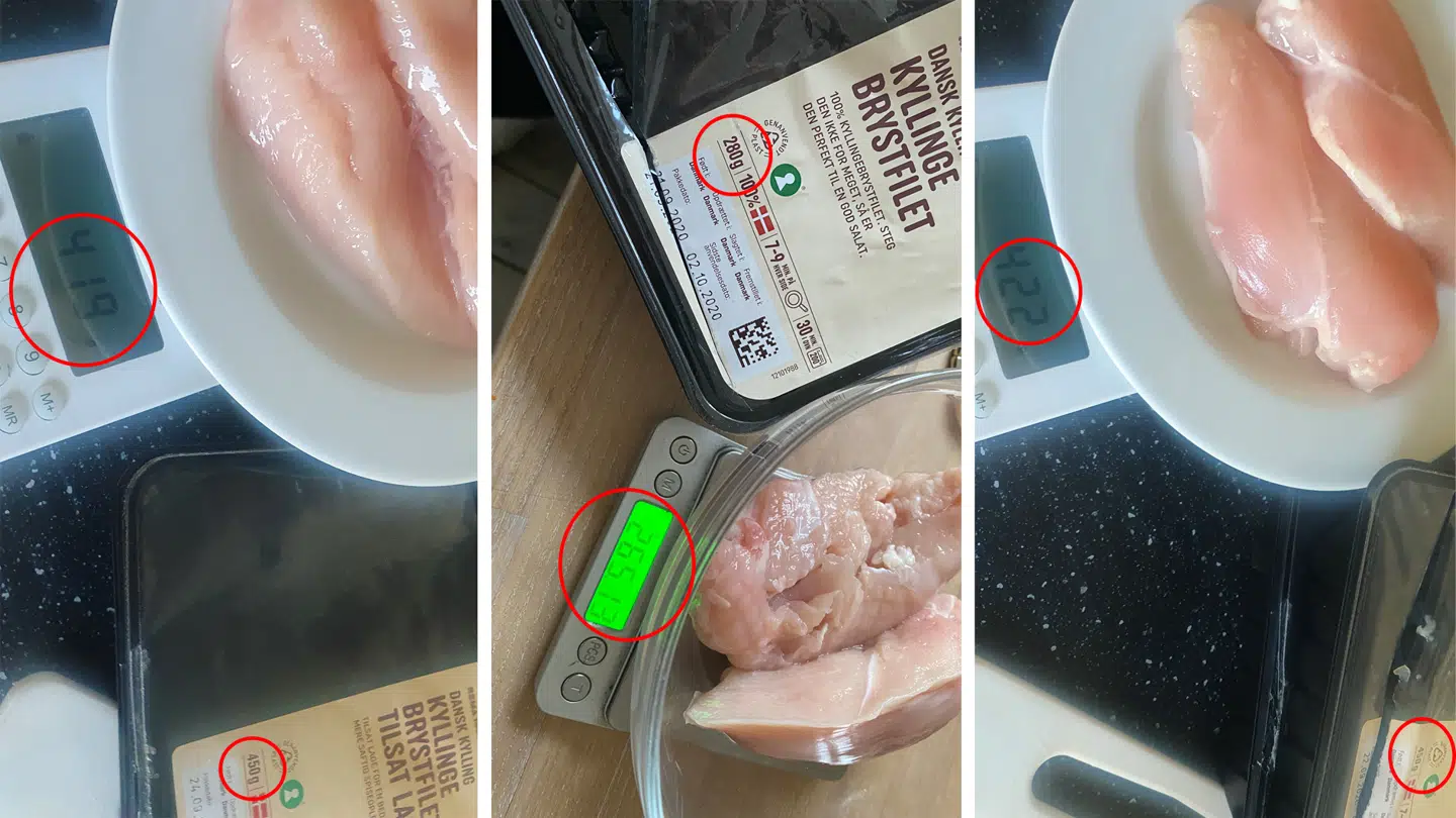 B.T. har købt tre pakker kylling i Rema1000. I pakken til venstre mangler der 31 gram, i pakken i midten mangler der 14,87 gram, og i pakken til højre mangler der 28 gram.