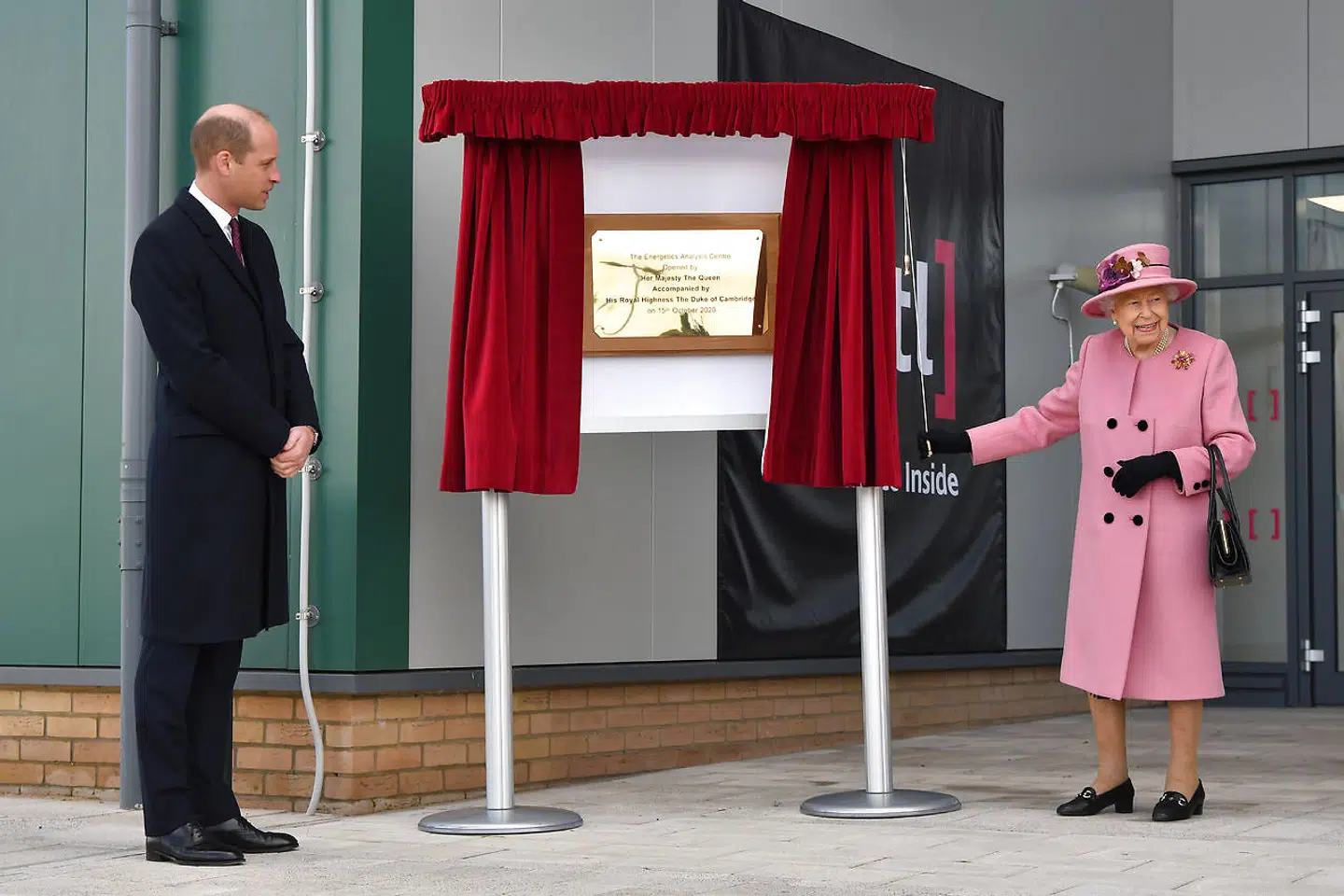 Britain's Prince William stands by as Britain's Queen Elizabeth unveils a plaque to officially open the new Energetics Analysis Centre at Dstl at Porton Science Park near Salisbury, Britain October 15, 2020. Ben Stansall/Pool via REUTERS