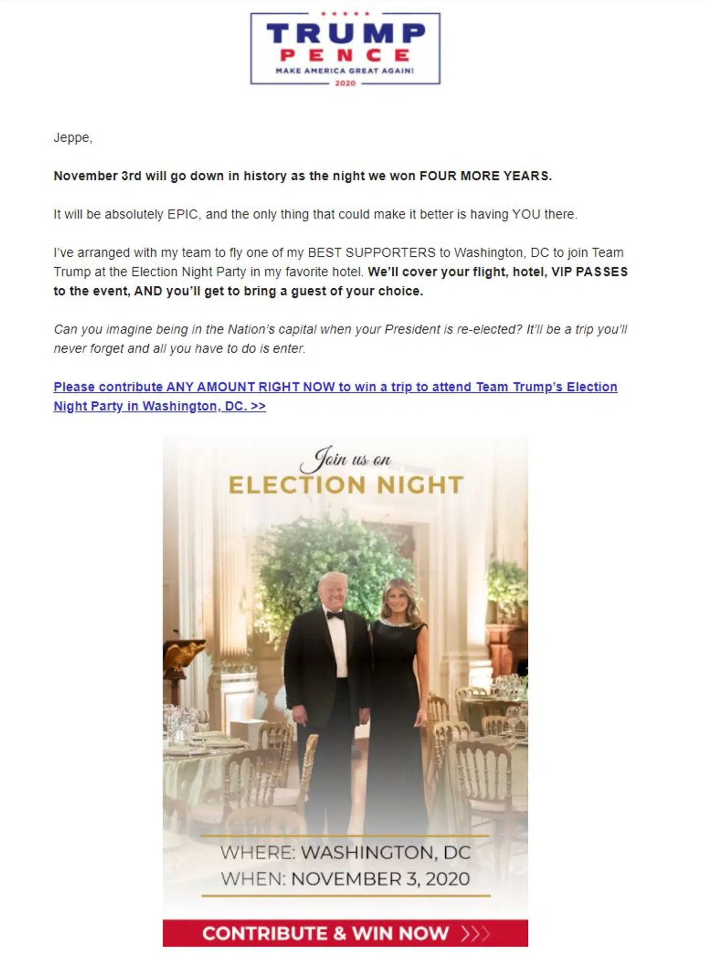 Sådan ser en af mange e-mails fra Trump-kampagnen ud.