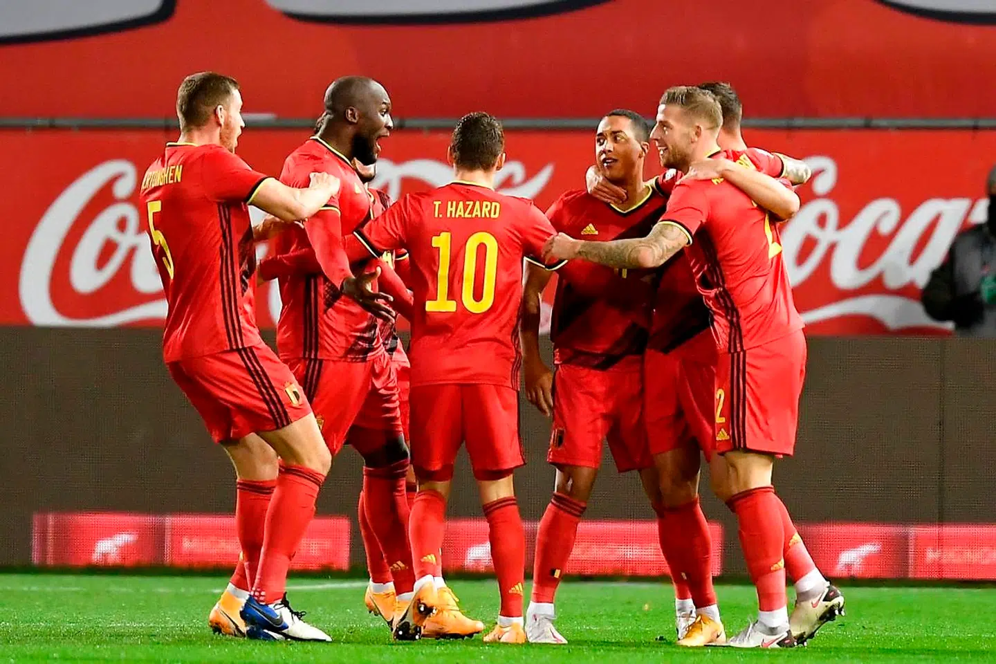 Belgium's Youri Tielemans celebrates during UEFA Nations League football match between Belgium and Denmark at the Den Dreef Stadium in Leuven on November 18, 2020. (Photo by JOHN THYS / AFP)