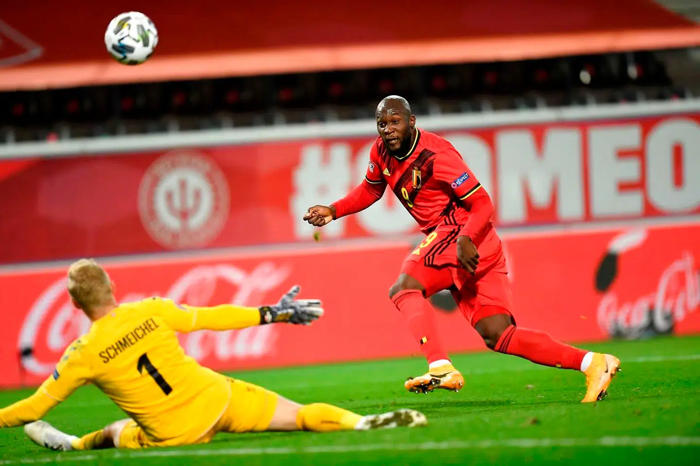 Belgium's forward Romelu Lukaku scores his team's second goal during UEFA Nations League football match between Belgium and Denmark at the Den Dreef Stadium in Leuven on November 18, 2020. (Photo by JOHN THYS / AFP)