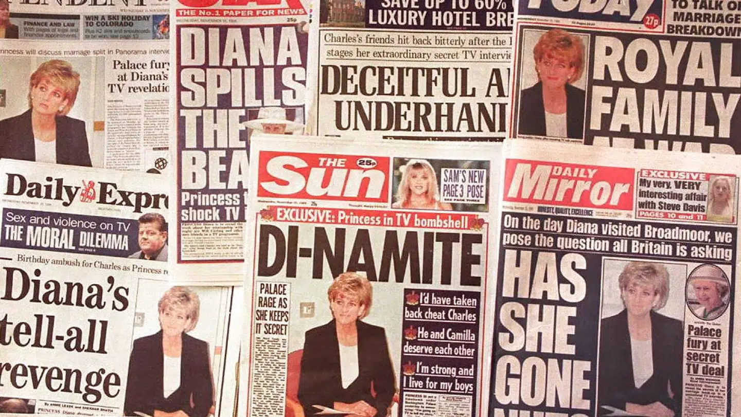 Hele Strobritannien fik deres te galt i halsen, da deres yndlingsprinsesse, prinsesse Diana, i et meget åbenhjertet interview fortalte om livet i de kongelige gemakker. Her ses avisoverskrifterne fra den tid.