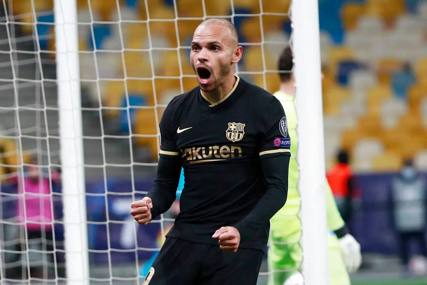 Soccer Football - Champions League - Group G - Dynamo Kyiv v FC Barcelona - NSC Olympiyskiy, Kyiv, Ukraine - November 24, 2020 Barcelona's Martin Braithwaite celebrates scoring their second goal REUTERS/Valentyn Ogirenko