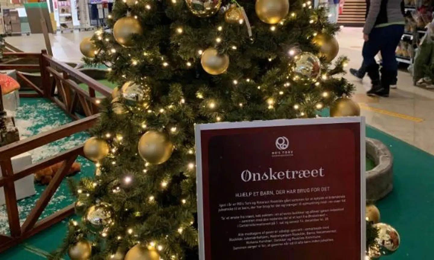 På dette ønsketræ på RO's Torv i Roskilde bliver der ophængt sedler med ønsker fra fattige børn.