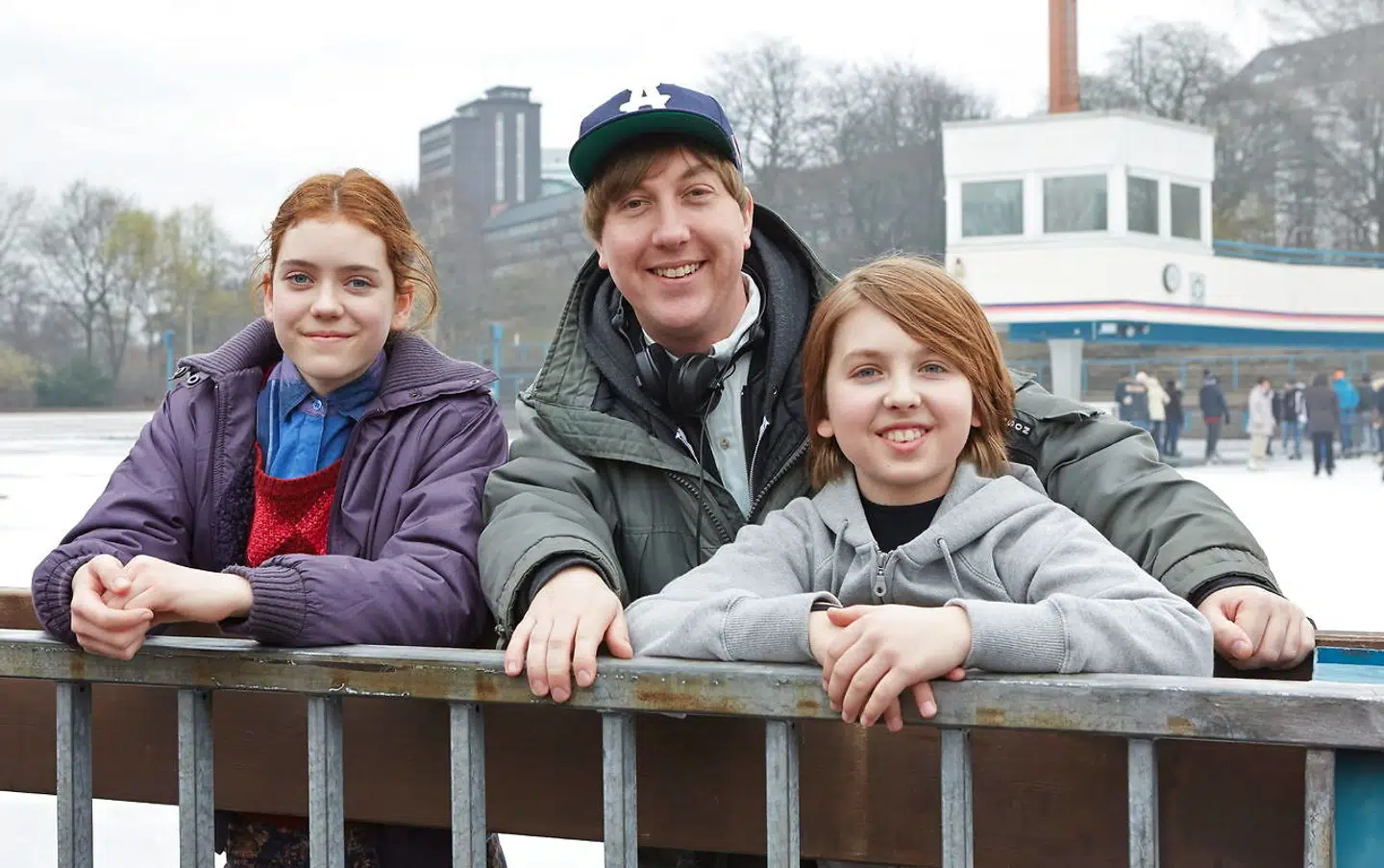 epa04131150 Danish actors Astrid Juncher-Benzon (L), Oscar Dietz (R) and Danish director Ask Hasselbalch (C) pose during a photocall on the set of the Danish children movie 'Antboy 2' at Indoo Eisarena in Hamburg, Germany, 18 March 2014. EPA/GEORG WENDT