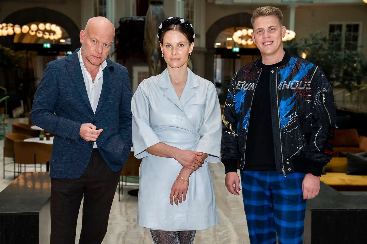Årets tre 'X Factor'-dommere, Thomas Blachman, Oh Land og den nye mand på holdet, dj'en Martin Jensen.