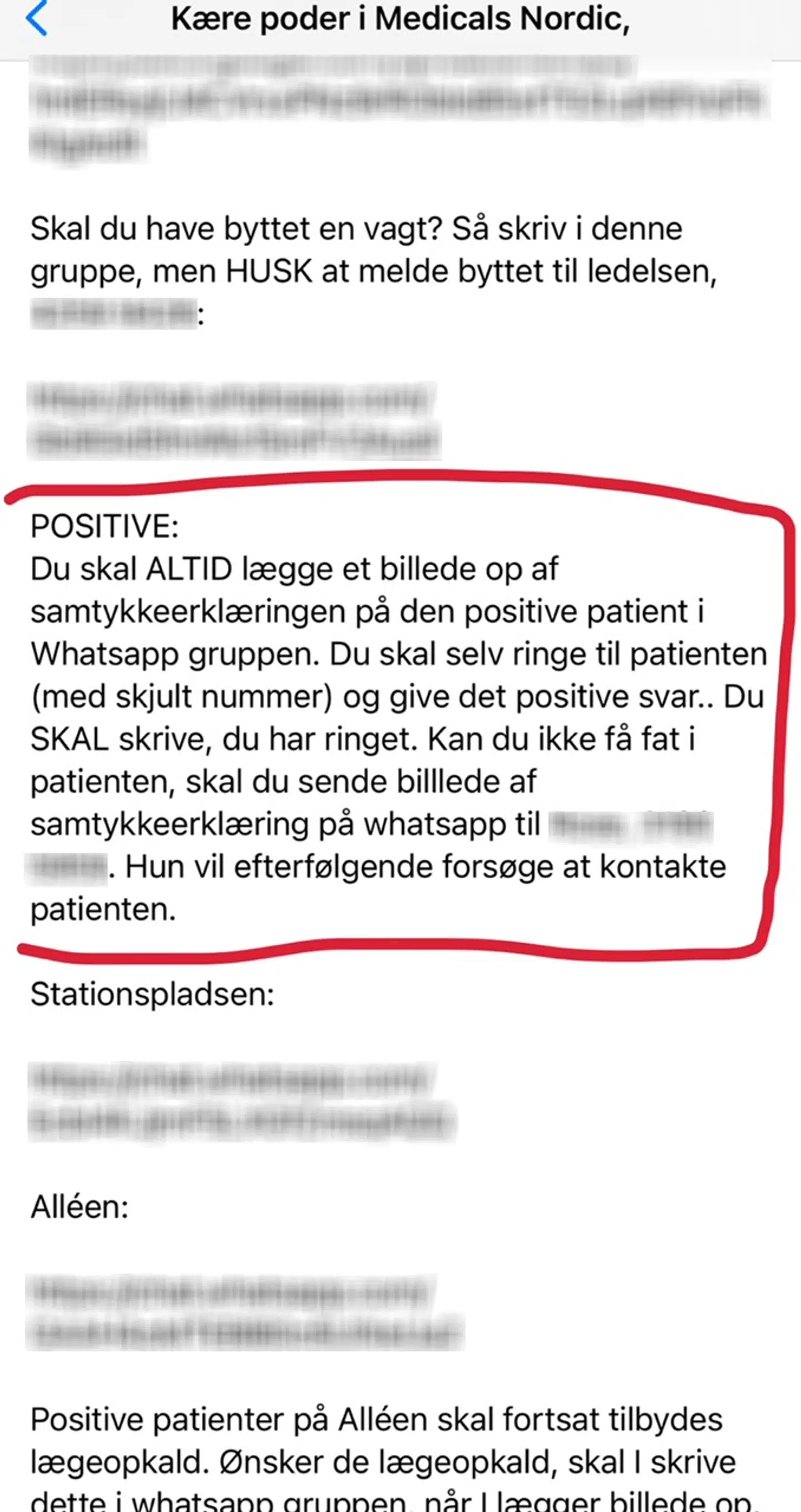 Sms fra ledelsen på det givne Medicals Nordic-testcenter, hvor poderne bliver instrueret i at lægge billeder af oplysningerne ind i WhatsApp-gruppen. Nedenunder er invitationslink til et par af grupperne sløret.