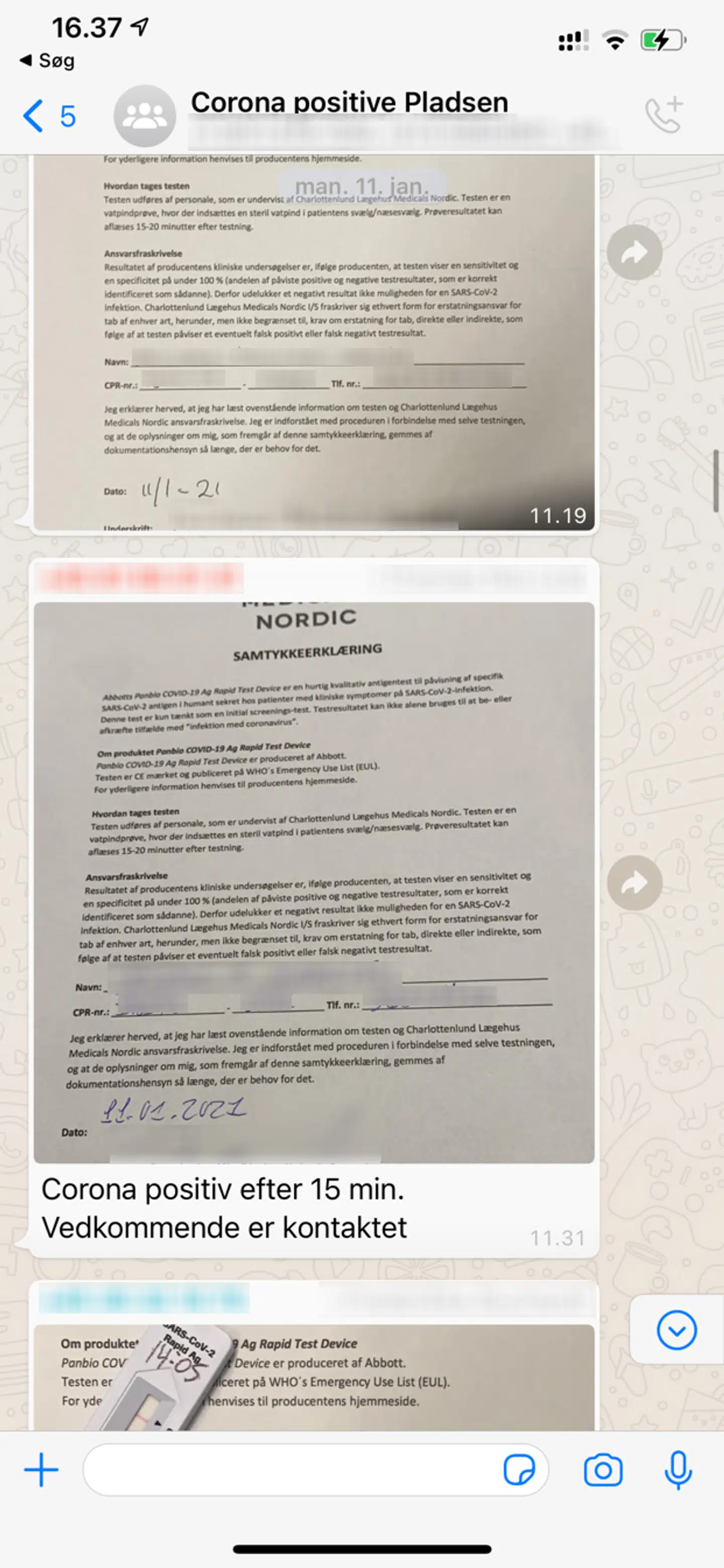 Samtykkeerklæringer, der er lagt op i WhatsApp-gruppen med 182 medlemmer. B.T.s kilde er medlem af gruppen.