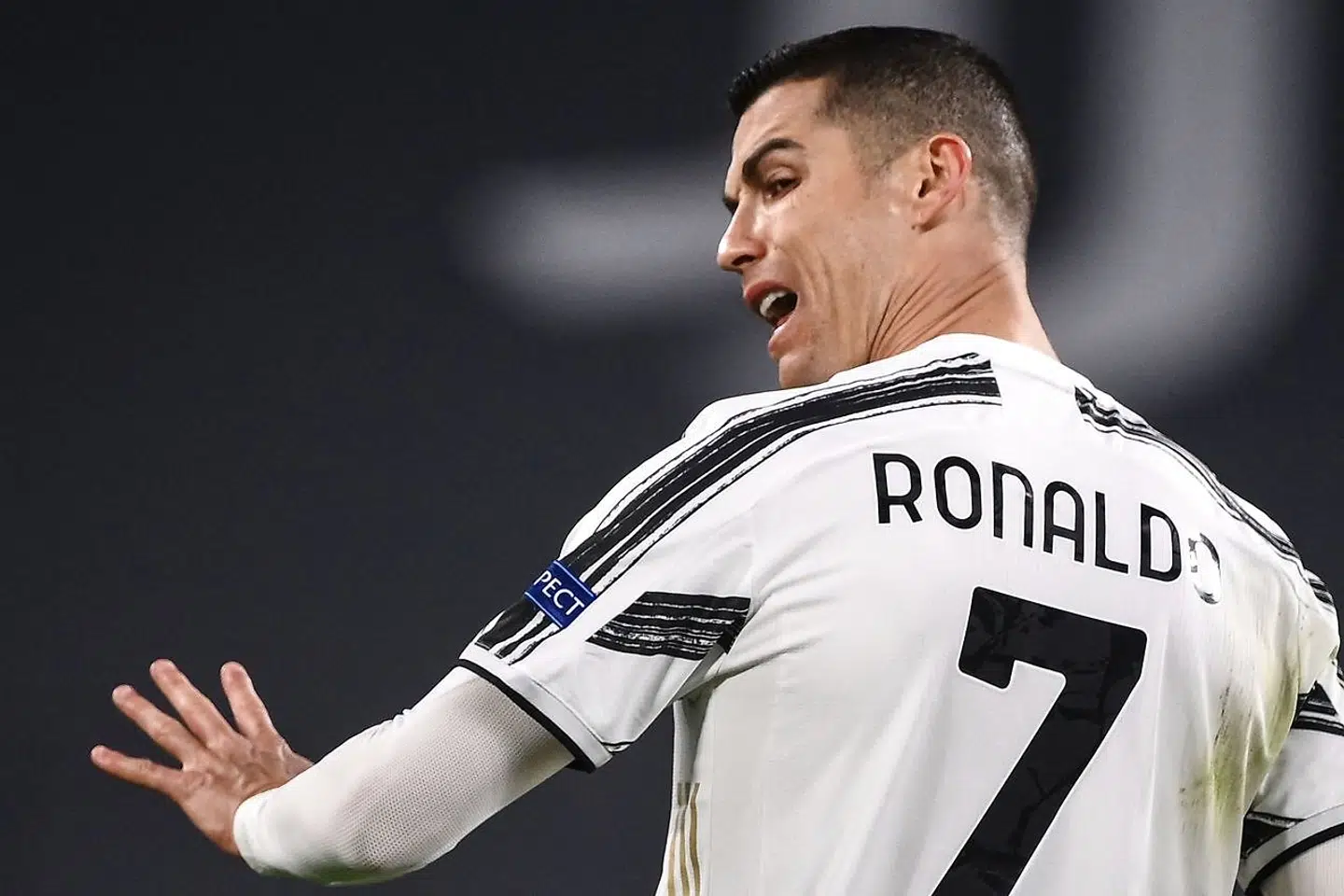 Juventus' Portuguese forward Cristiano Ronaldo reacts during the UEFA Champions League round of 16 second leg football match between Juventus Turin and FC Porto on March 9, 2021 at the Juventus stadium in Turin. (Photo by Marco BERTORELLO / AFP)