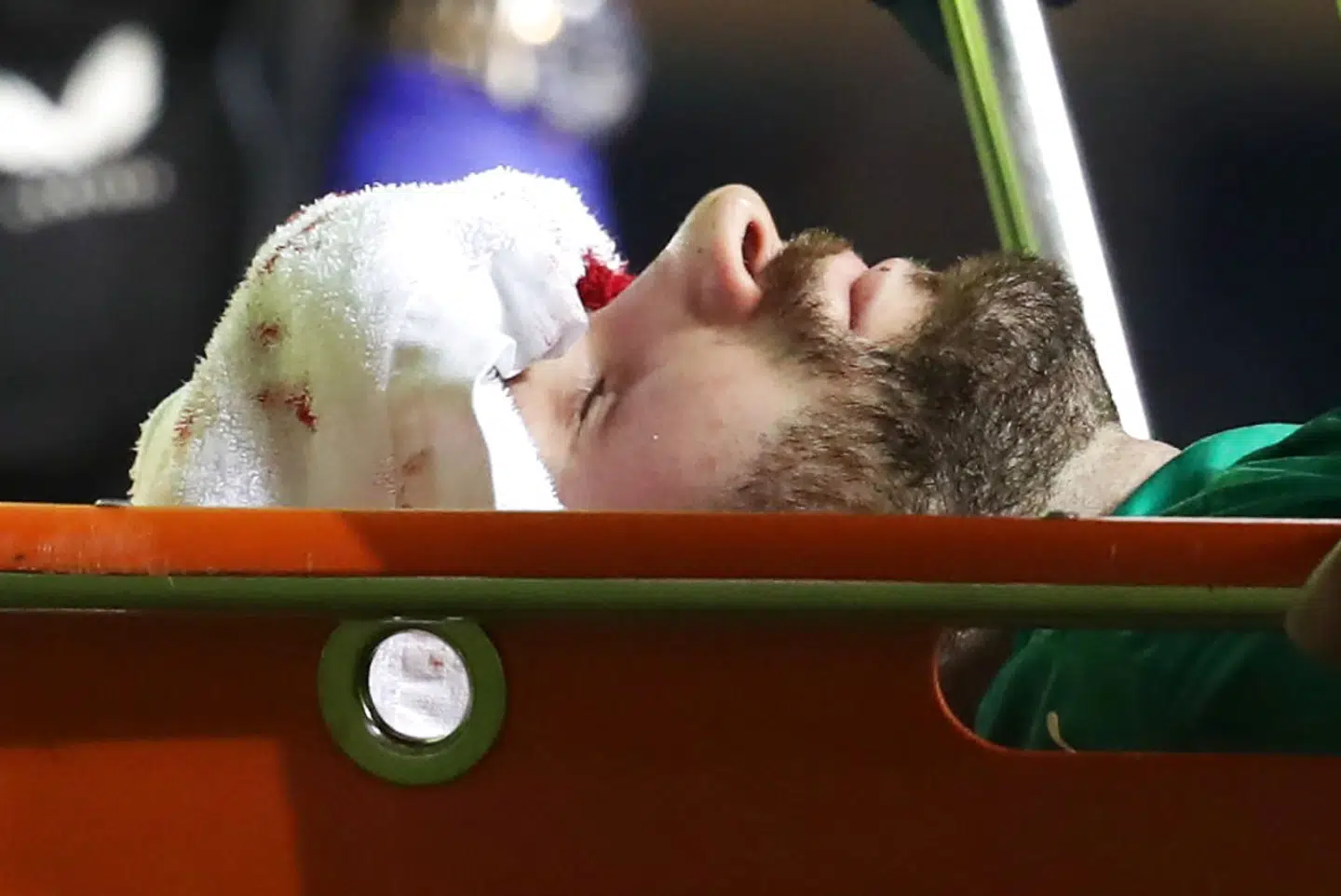 Soccer Football - Europa League - Round of 16 Second Leg - Rangers v Slavia Prague - Ibrox Stadium, Glasgow, Scotland, Britain - March 18, 2021 Slavia Prague's Ondrej Kolar is carried off the pitch on a stretcher after he clashes with Rangers' Kemar Roofe Pool via REUTERS/Andrew Milligan