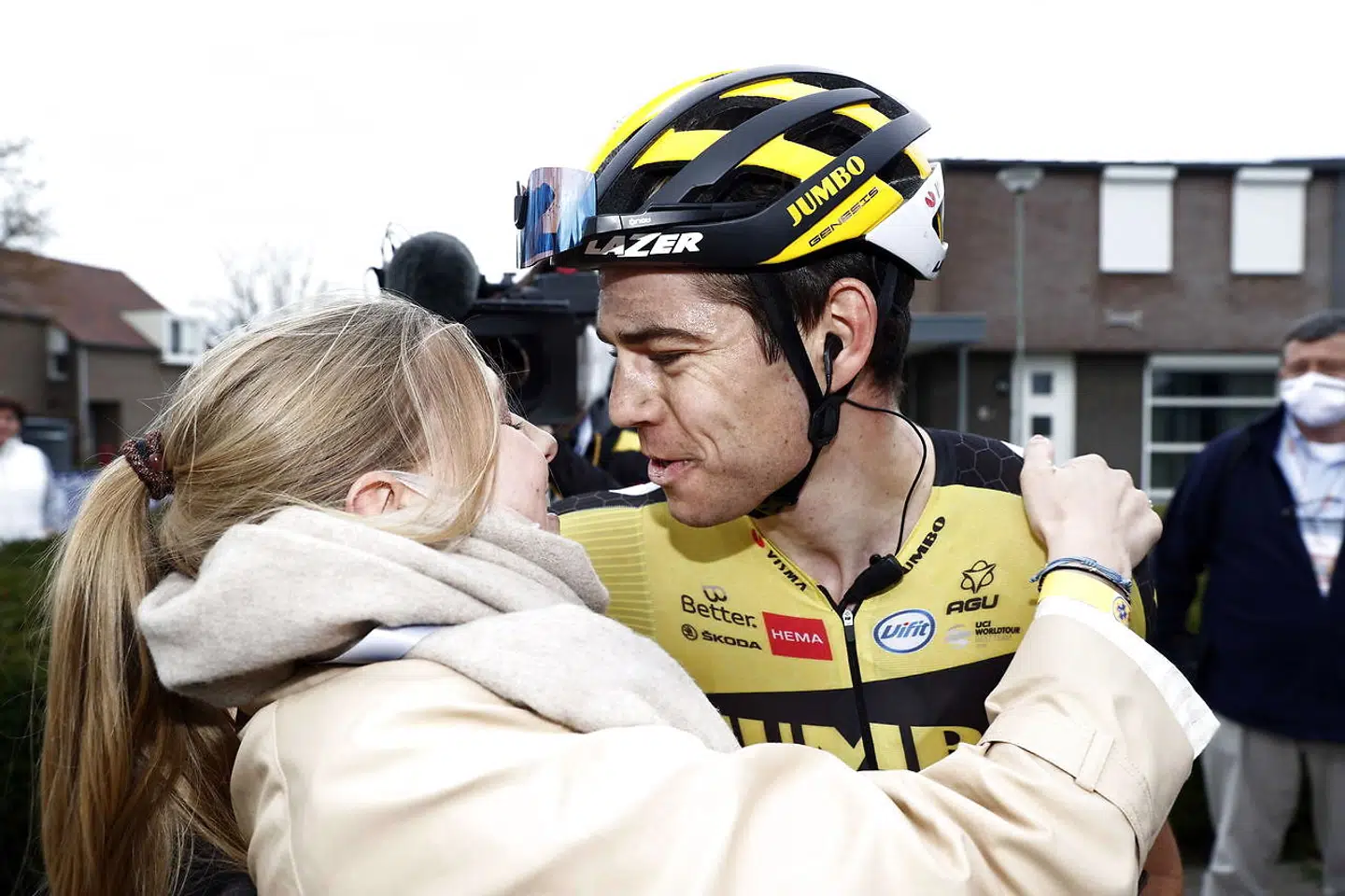 epa09143720 Belgian rider Wout Van Aert (R) of Team Jumbo-Visma celebrates with his wife Sarah De Bie (L) after winning the Amstel Gold Race over 218.6km in Valkenburg, Netherlands, 18 April 2021. EPA/Vincent Jannink