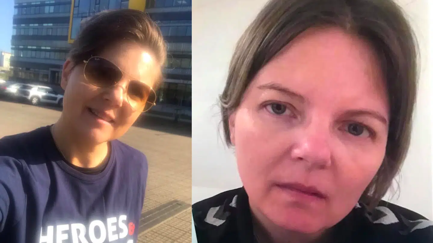 Før- og efterbillede af Stinne Madsen. Til venstre har hun lige været ude og løbe med hendes nye hjerte, og billedet til højre er for tre år siden, hvor hun havde mange smerter og ingen energi til at lave noget. Foto: Privat