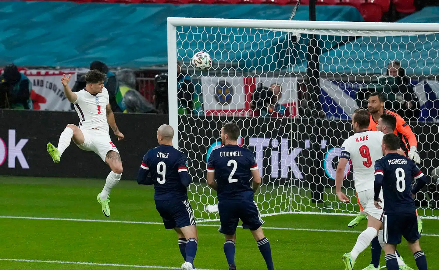 Soccer Football - Euro 2020 - Group D - England v Scotland - Wembley Stadium, London, Britain - June 18, 2021 England's John Stones heads at goal Pool via REUTERS/Matt Dunham