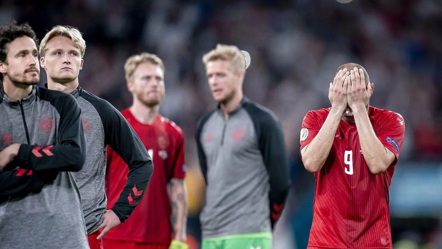 Martin Braithwaite, Thomas Delaney og Kasper Dolberg under semifinalen mellem England og Danmark på Wembley, onsdag den 7. juli 2021. (Foto: Liselotte Sabroe/Ritzau Scanpix)