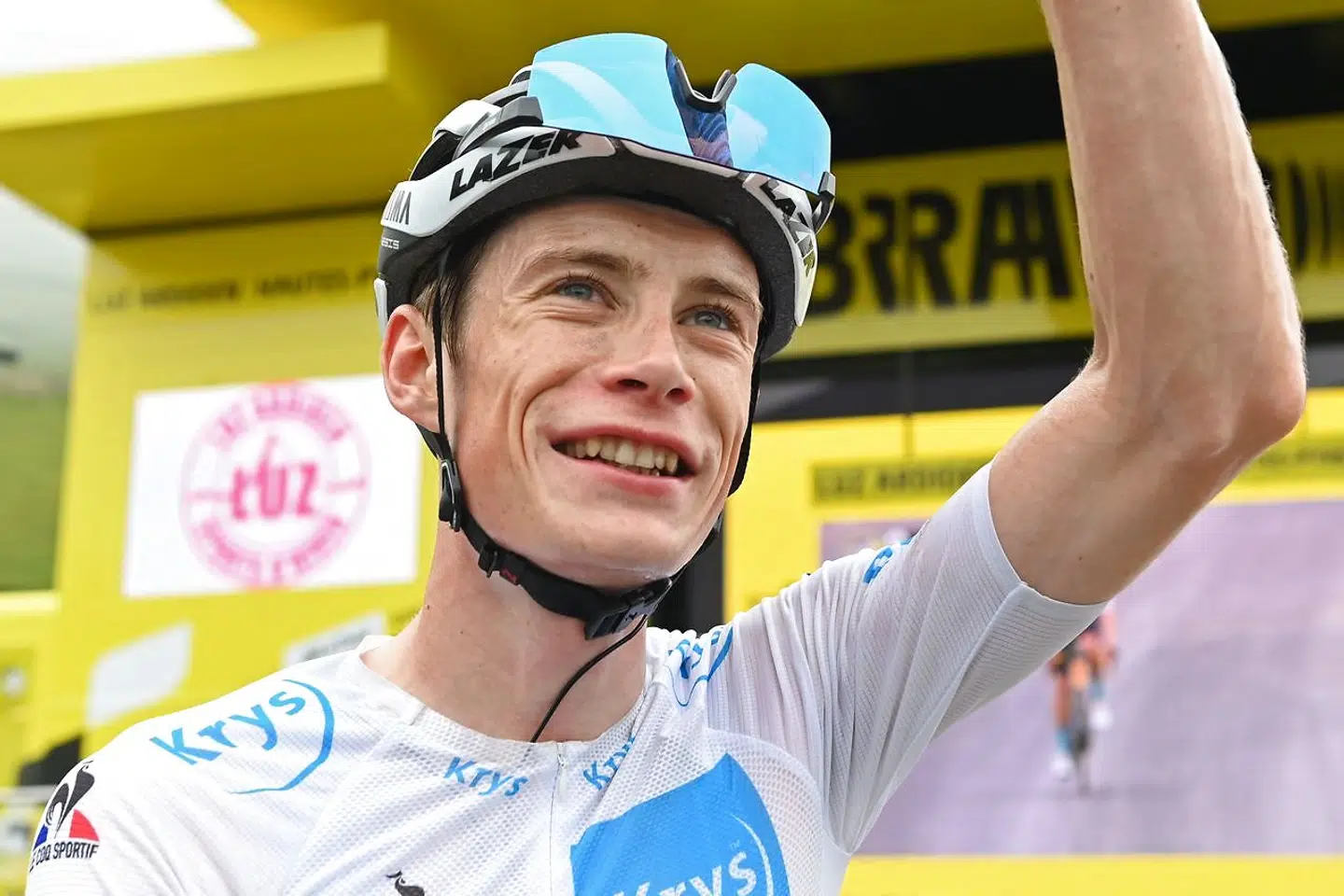 Team Jumbo Visma's Jonas Vingegaard of Denmark wearing the best young's white jersey reacts after crossing the finish line of the 18th stage of the 108th edition of the Tour de France cycling race, 129 km between Pau and Luz Ardiden, on July 15, 2021. (Photo by - / various sources / AFP)