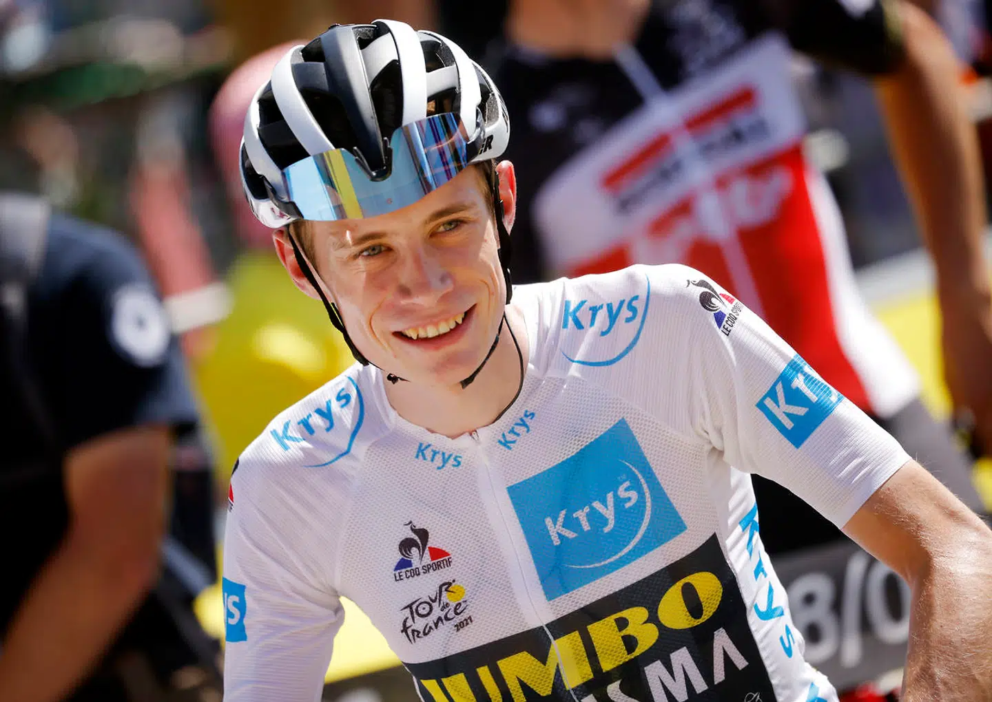 Cycling - Tour de France - Stage 21 - Chatou to Paris Champs-Elysees - France - July 18, 2021 Team Jumbo-Visma rider Jonas Vingegaard of Denmark wearing the white jersey during stage 21 REUTERS/Stephane Mahe