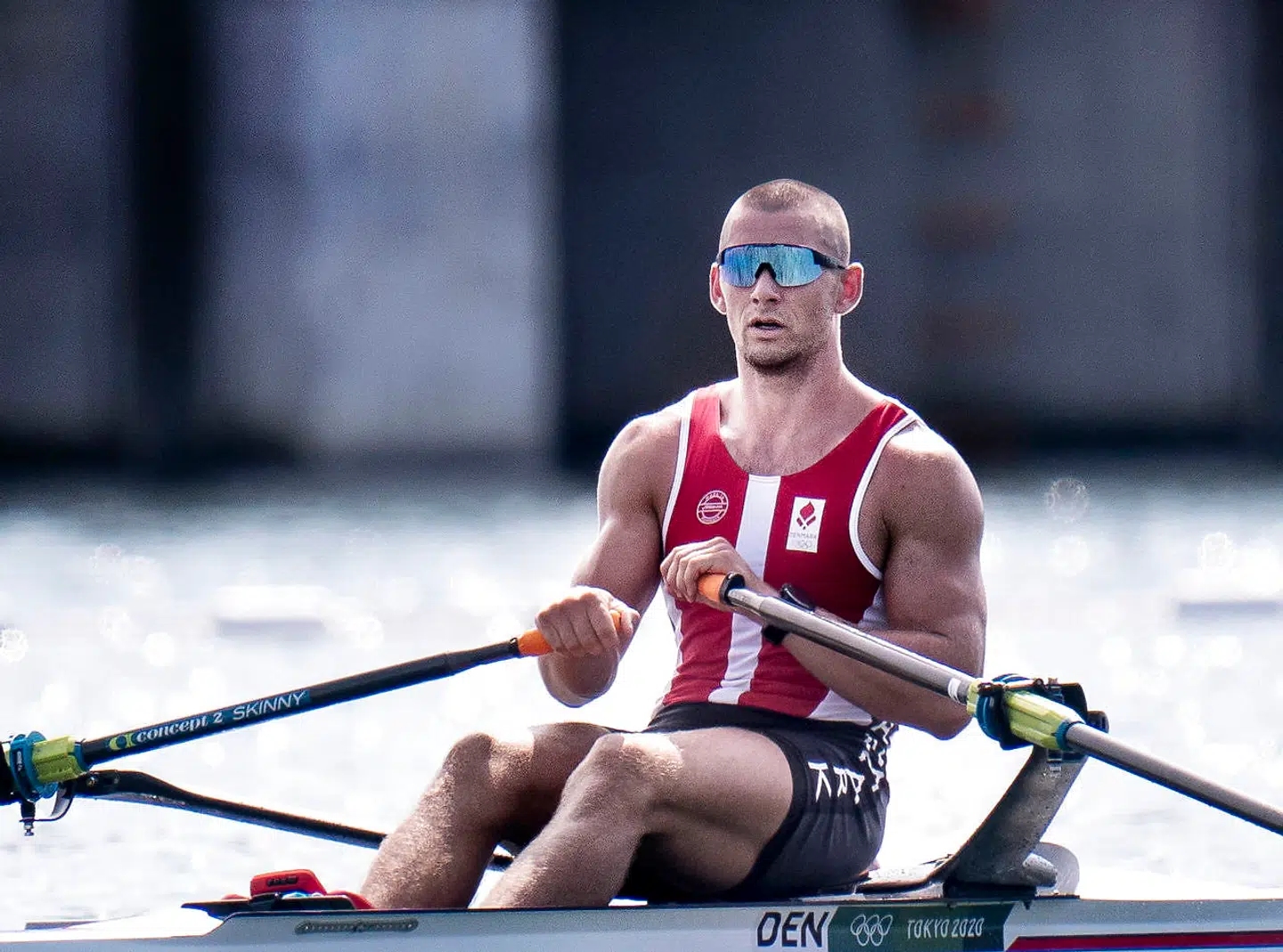 Sverri Nielsen i singlesculler under tredje heat til OL i Tokyo, fredag den 23. juli 2021.
