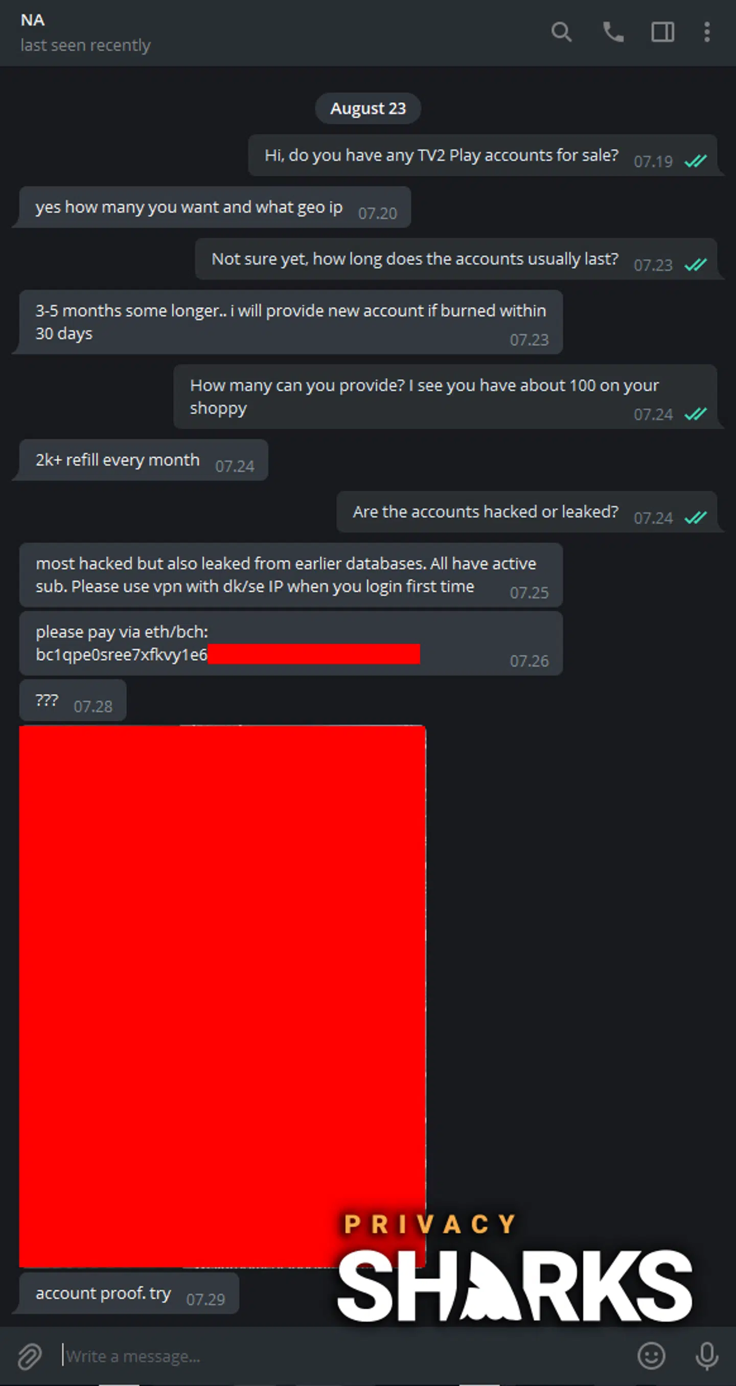 Her ses samtalen mellem sælgeren og PrivacySharks via. Telegram.