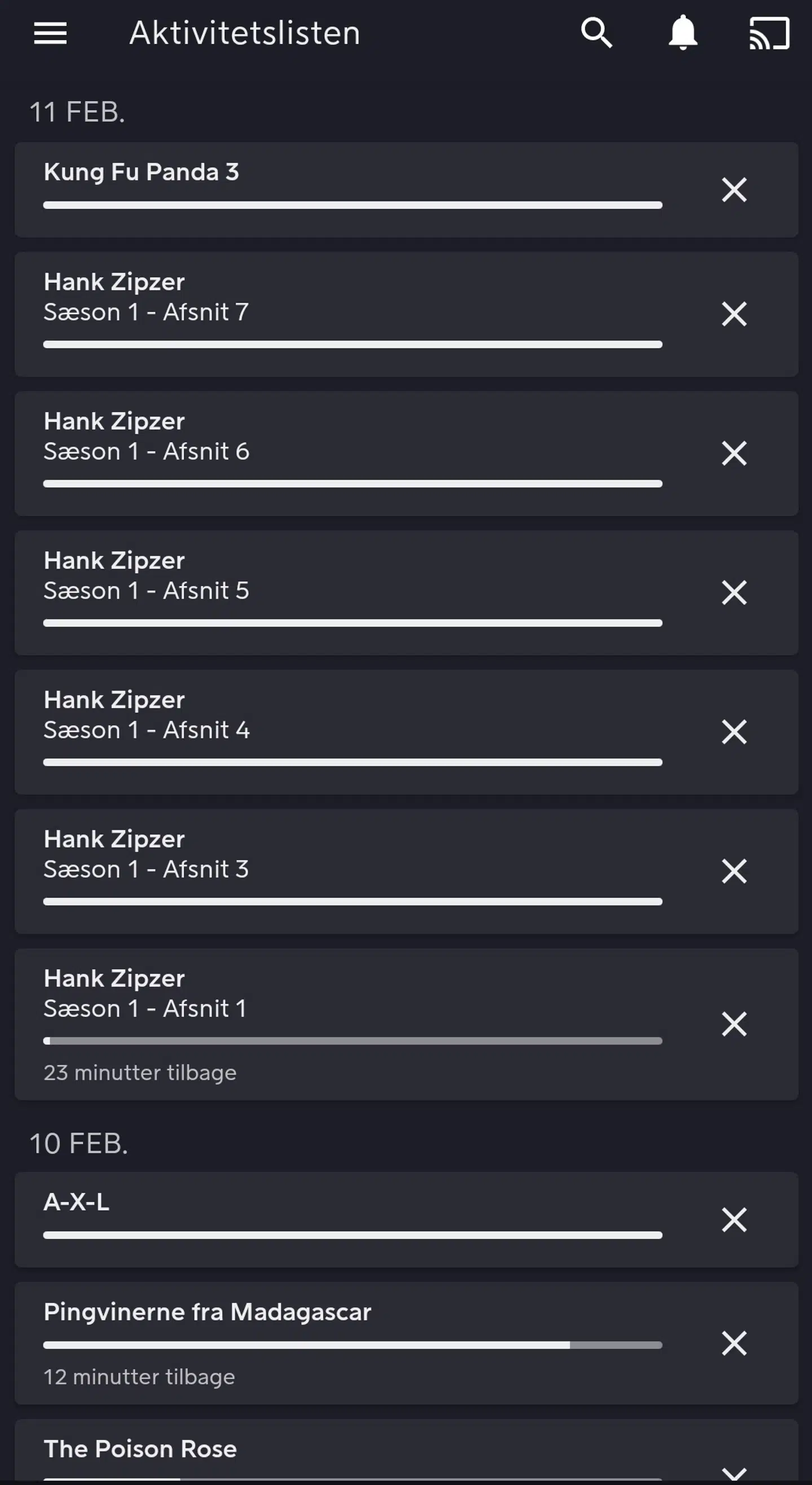 Jesper Nielsen delte ufrivilligt sin Viaplay-konto med en hacker. Her er et udpluk af hackerens aktivitet på Viapay. Foto: Privat.