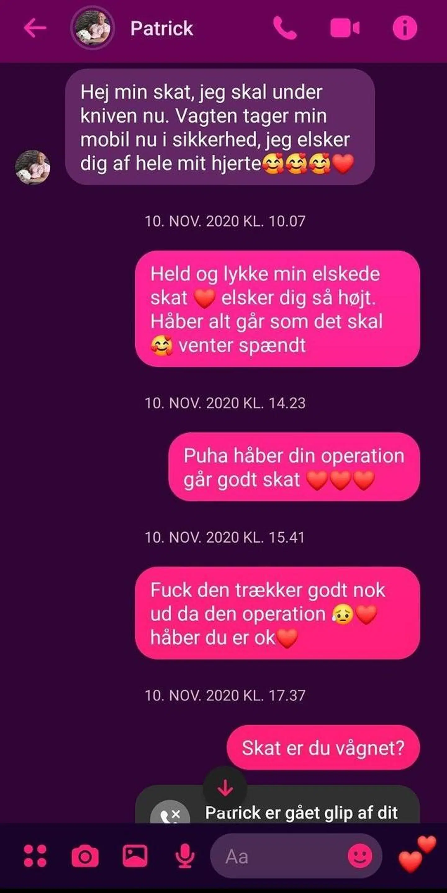 Simona Chira sendte flere beskeder, mens Patrick Teichert lå på operationsbordet. Privatfoto.