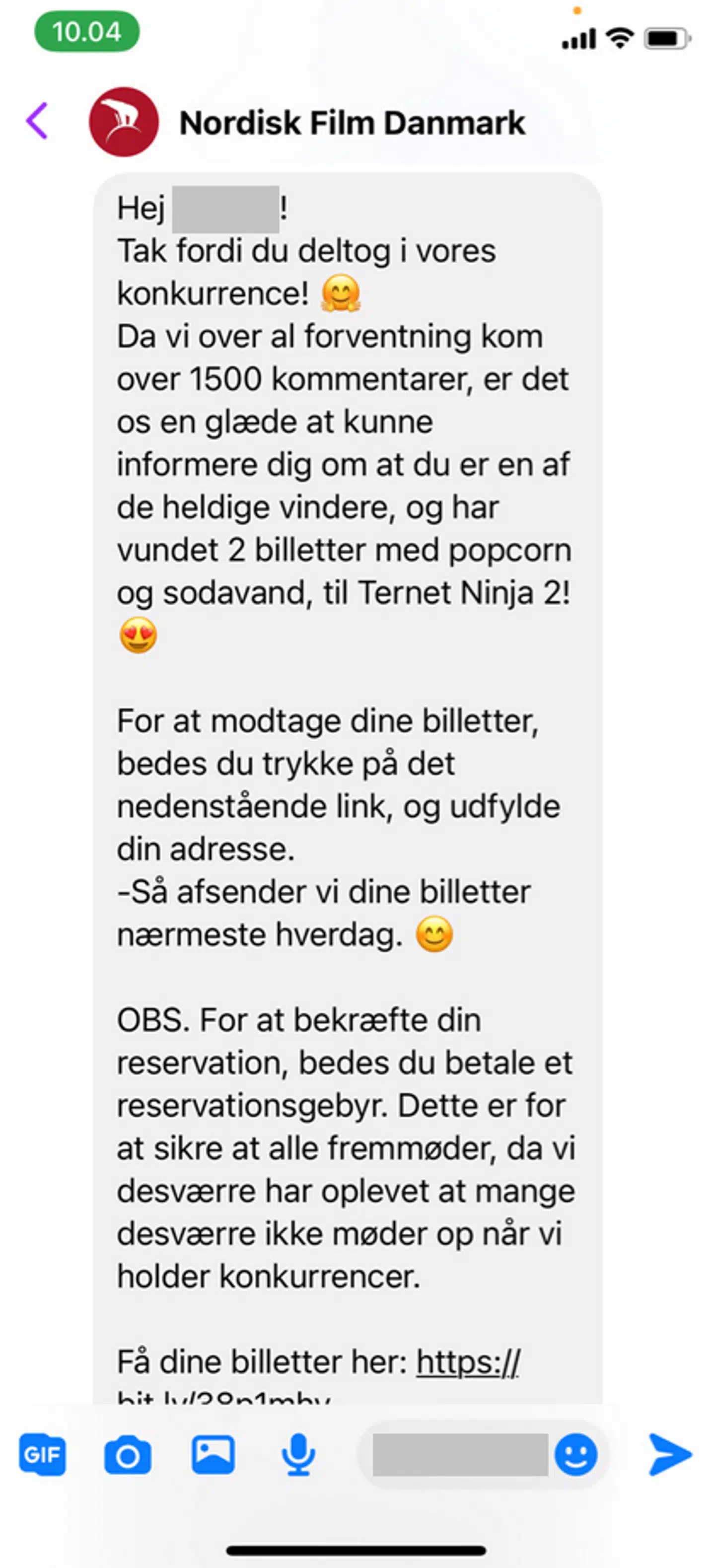 Dette er SMS'en, som du bare skal slette.