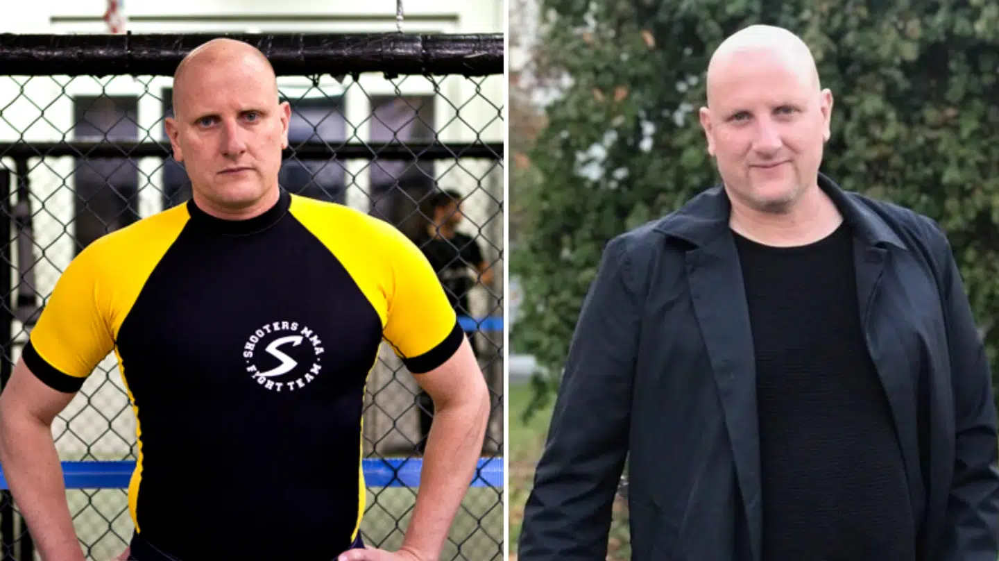 Til venstre er Claus Skjoldborg Larsen 40 år gammel og en hård modstander i MMA-buret. Til højre er Claus Skjolborg Larsen lidt ældre og en modstander på den politiske scene i stedet for MMA-buret.