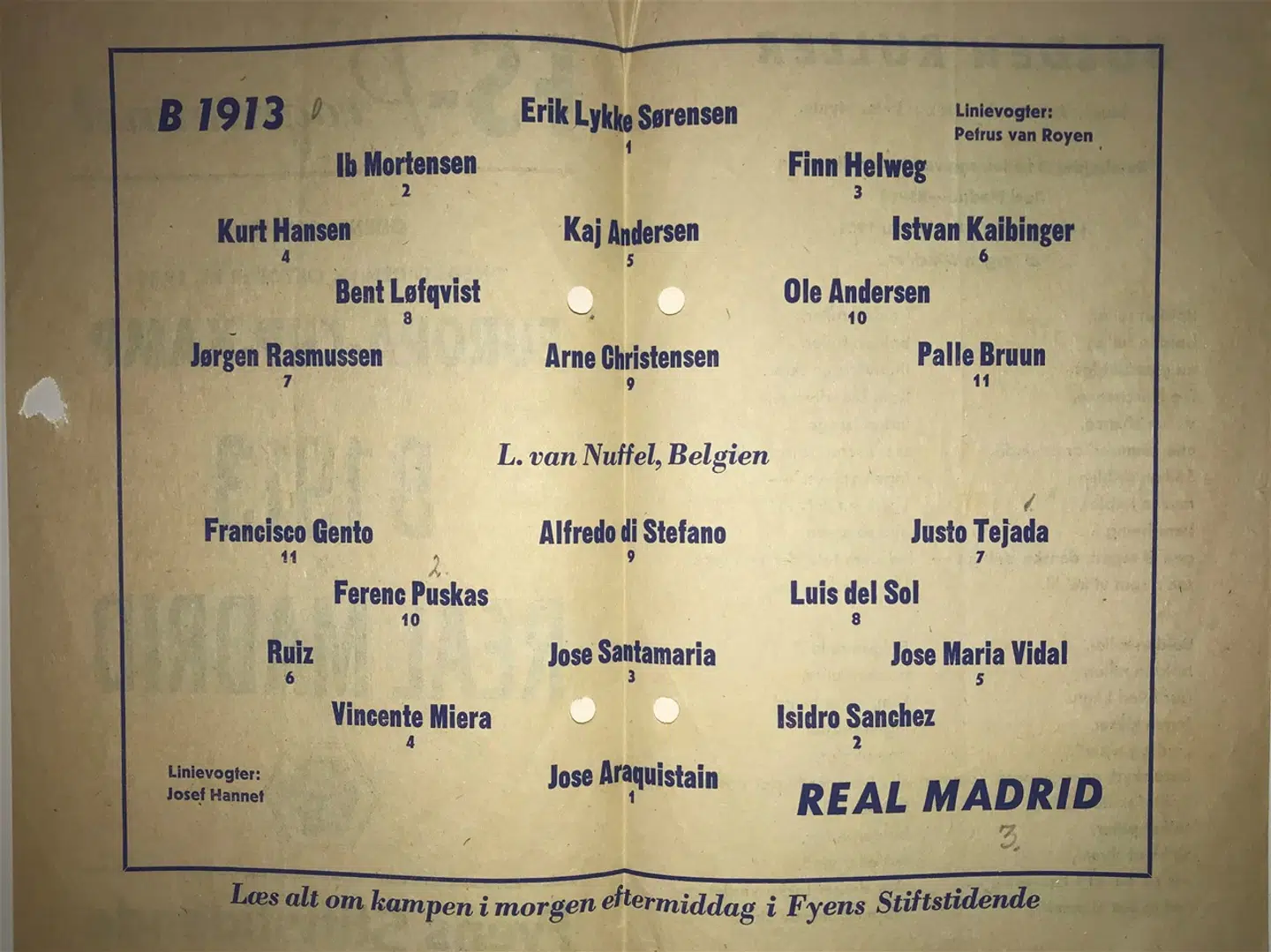 Kampprogrammet til kampen 18. oktober 1961. De to hold stillede således op.