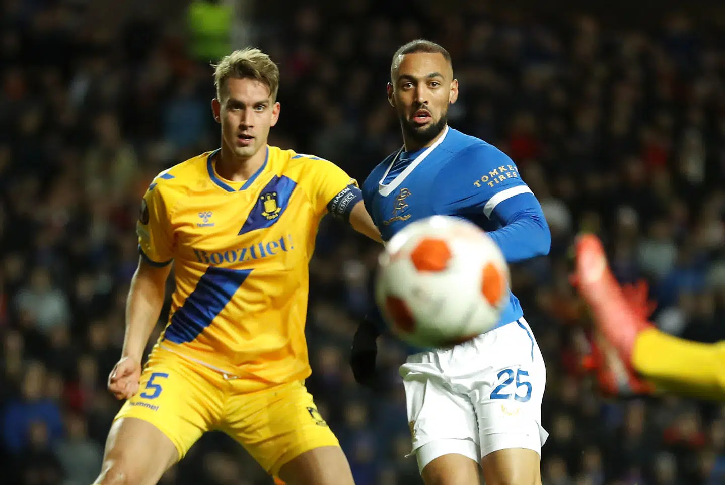 Soccer Football - Europa League - Group A - Rangers v Brondby - Ibrox, Glasgow, Scotland, Britain - October 21, 2021 Rangers' Kemar Roofe in action with Brondby's Andreas Maxso REUTERS/Russell Cheyne
