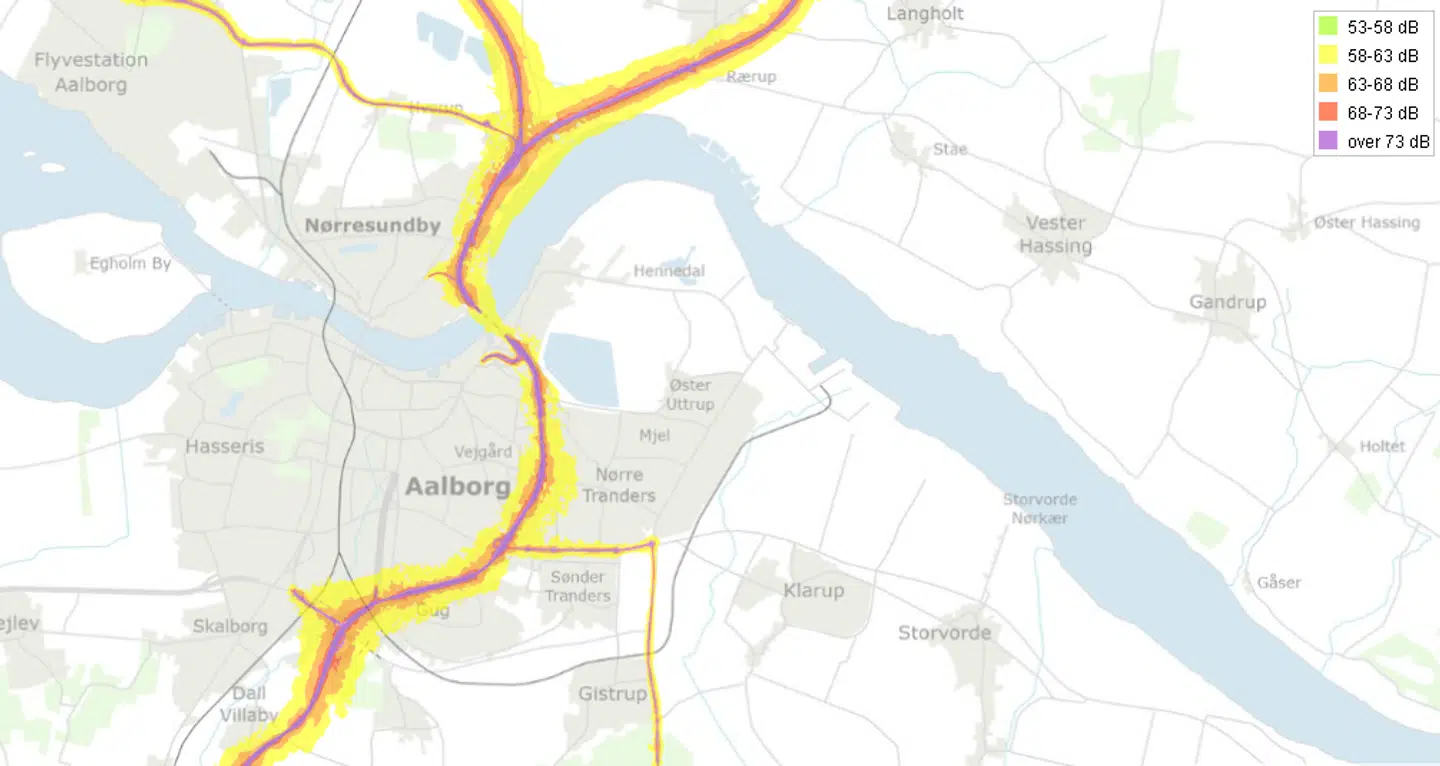 Støjkort for Aalborg. Den helt store synder er E45, som er én af de eneste i landet, der løber igennem et større byområde. Foto: Vejdirektoratet